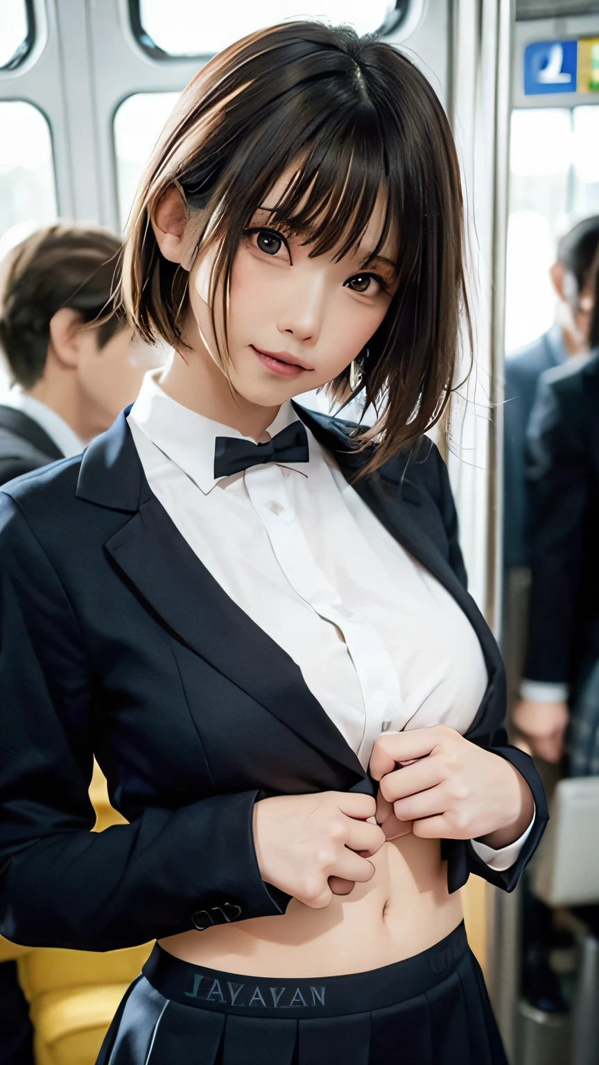 NSFW, crowded train, Japan girl, handsome man hugging her from behind, talking in her ear, lifting her, miniskirt twisted upwards, 40k, photo, masterpiece, top quality, dark gray background, ((Japan girls' high school uniform)), middle-aged man leaned on her from behind and picked her up, pulled up her skirt, pinched her, took various poses.
