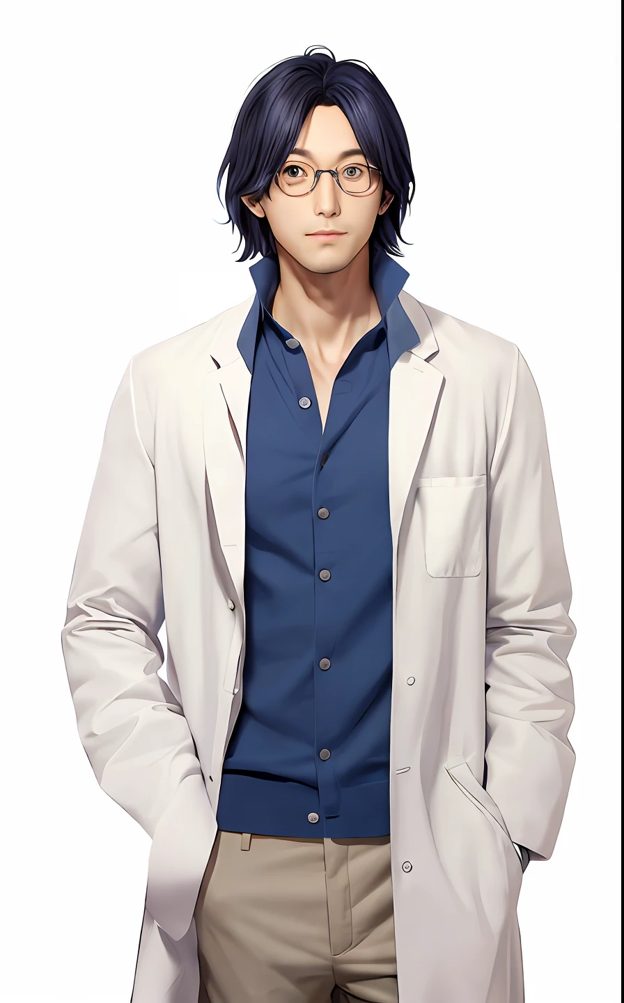 Anime people in white coats and blue shirts,hands in a pocket, With a lab coat, skinny male fantasy scientist, doctor, (doctor), shigenori soejima illustration, character full body portrait, wearing a lab coat, wearing a lab coat, full-body portraits, Full body illustration, Tall anime guy with blue eyes, full body character portrait