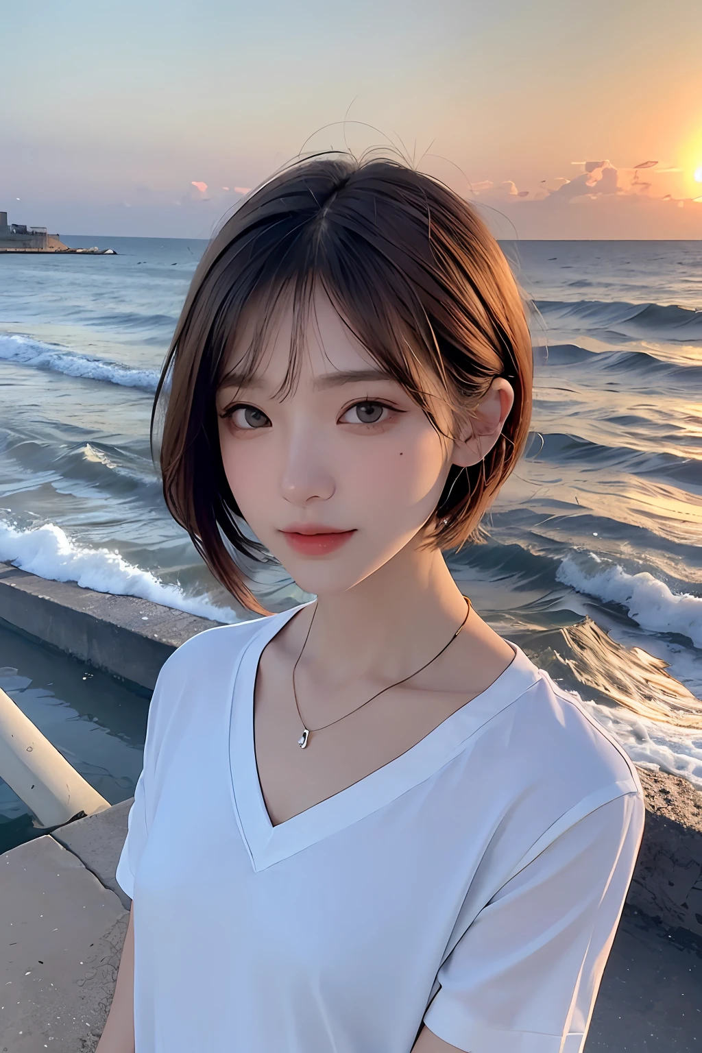 top-quality、masterpiece、超A high resolution、(realisitic:1.4)、(True skin texture:1.3)、(film grains:1.3)、the panorama、portlate、Very wide lens、a closeup、Tindall Effect、Perfect beautiful adult woman、Beautiful detail eyes and skin、ssmile、short cut hair、Petite bust、Small necklace、Short sleeved shirt、Sea and sky by the sea at sunset、