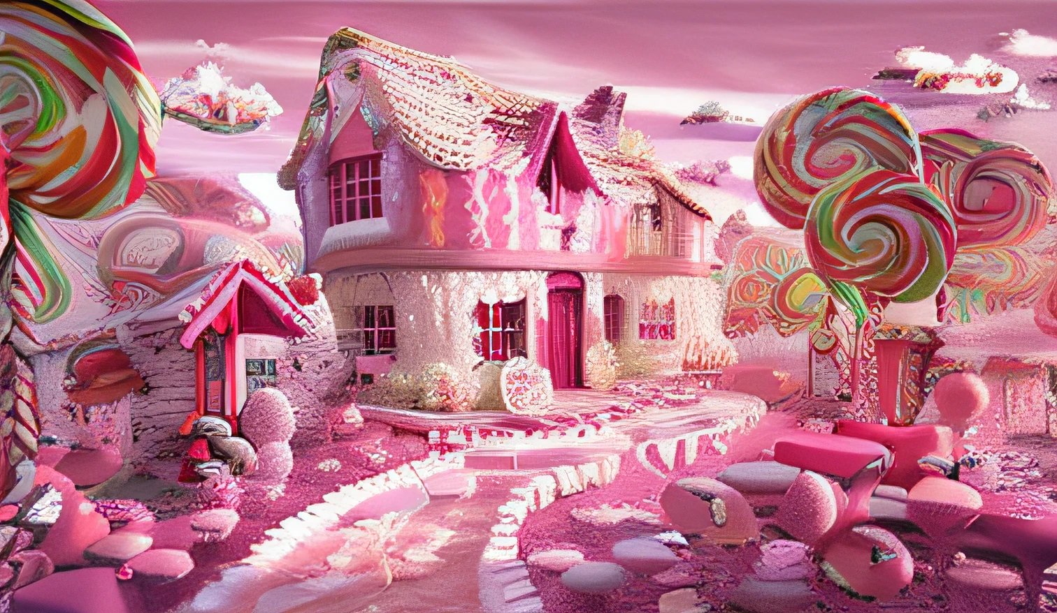 There is a pink and white house，There is a lot of sweets in it, in a candy land style house, candyland, candyland, David LaChapelle, candy - coated, candy forest, everything is made of candy, magic realism matte painting, made of candy, made of candy, Candy Rush, fantasy matte painting，Cute, 3 d stylize scene