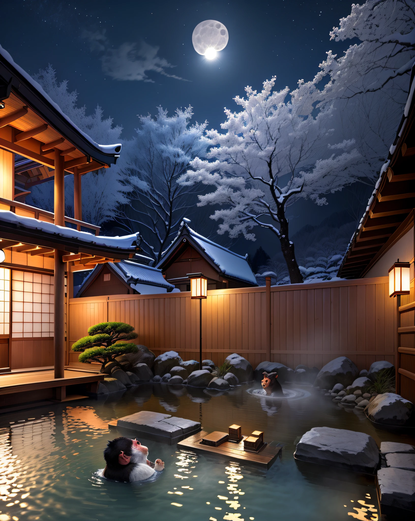 japanese onsen、outdoor bath、deep in the night、Monkey taking a bath、mont々、The full moon illuminates the open-air bath