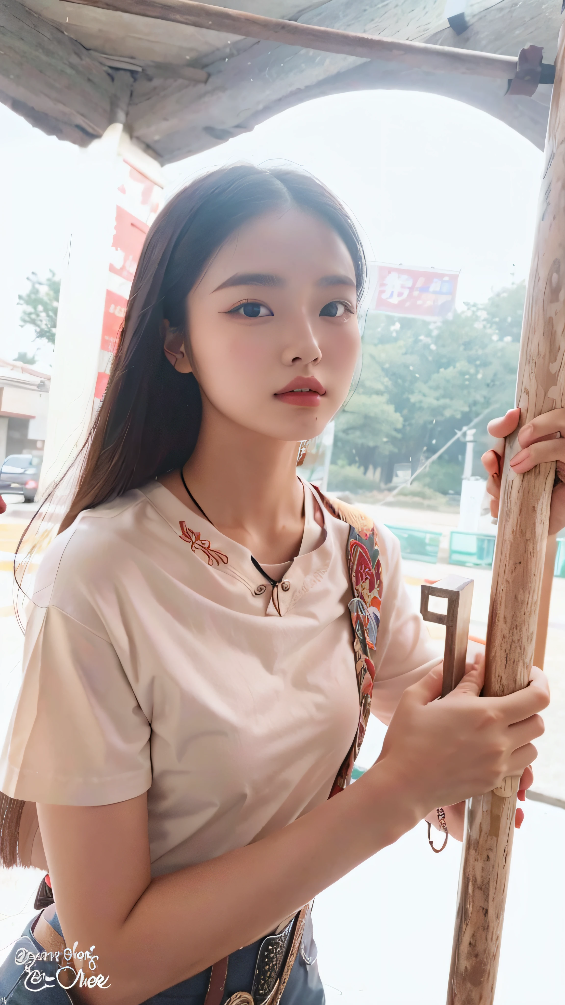 Arapei woman holding a wooden pole in front of the building, xintong chen, Chinese girl, wenfei ye, zeng fanzh, 2 7 years old, A young Asian woman, 2 8 years old, Zhang Pengzhen, Li Zixin, xision wu, 2 3 years old, 2 9 years old, huifeng huang