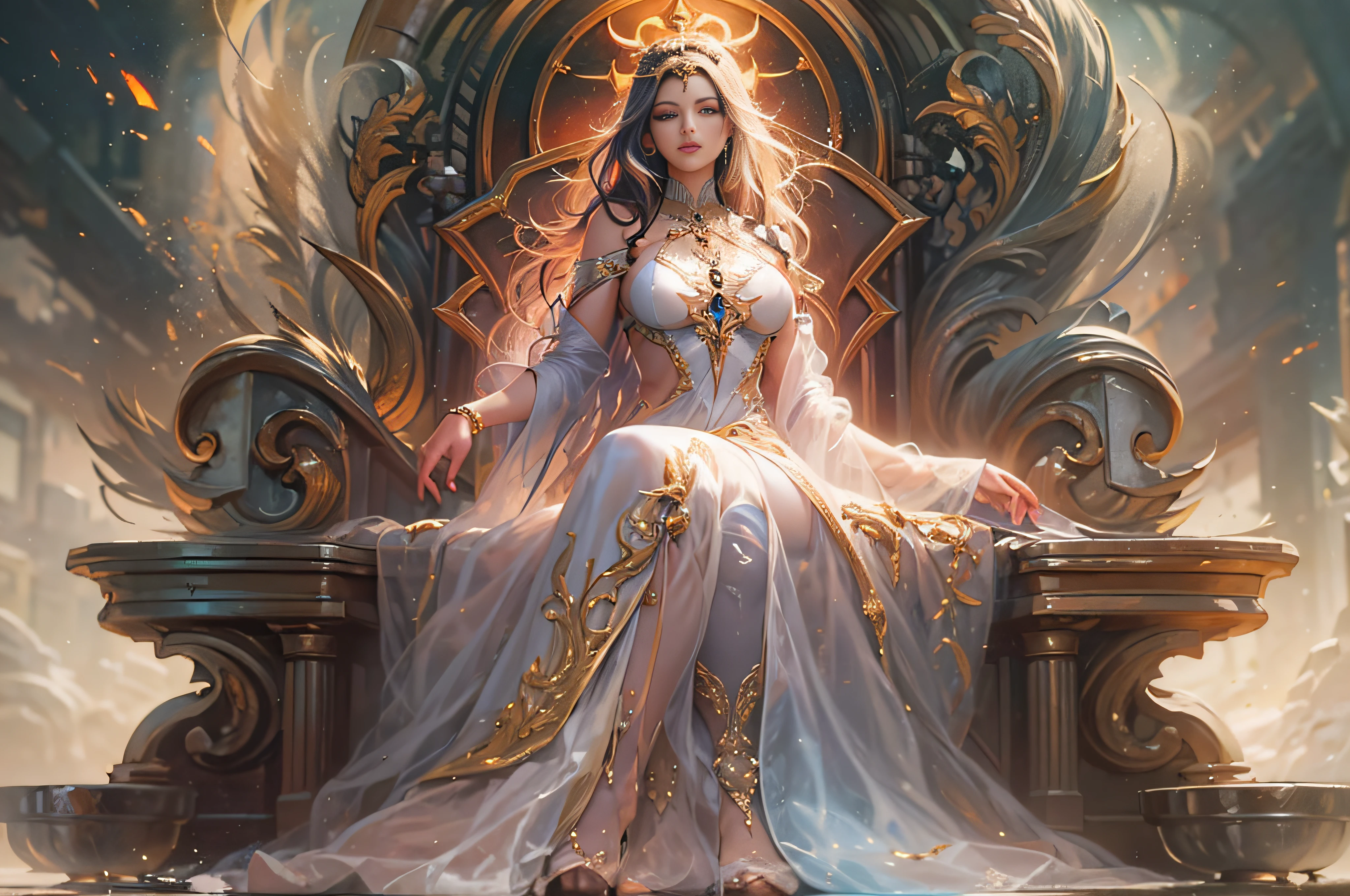 ((a very beautiful woman)),(in a heavenly dress),((sitting on her throne)):1.4,radiates power,there is a magical.mystical aura in the atmosphere