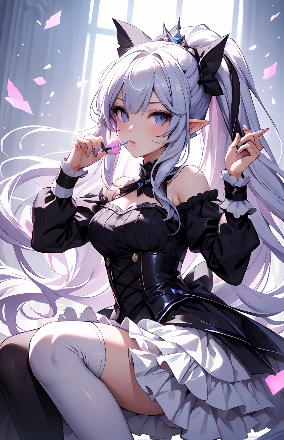 best qualityer，tmasterpiece，Ultimate resolution，downy，Extremely colorful，Colorful，Elven girl，Well-behaved and cute，lollipop，full bodyesbian，Black and white double ponytail，Lolita long dress， Long legs with two white stockings，Muffin shoes，closeup of face