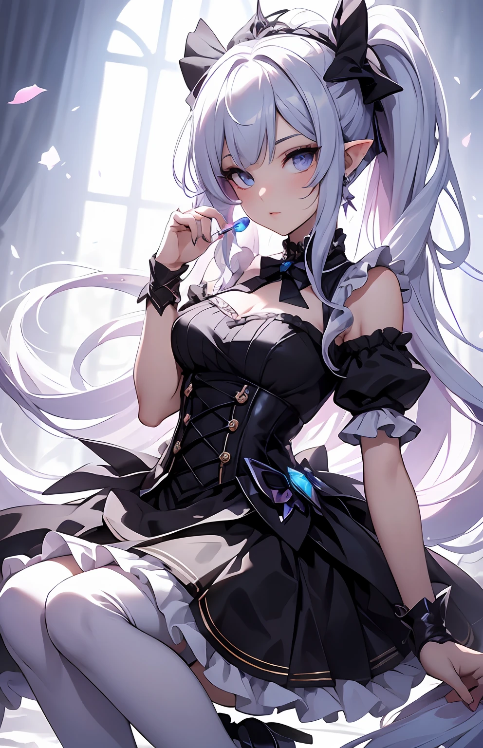 best qualityer,tmasterpiece,Ultimate resolution,downy,Extremely colorful,Colorful,Elven girl,Well-behaved and cute,lollipop,full bodyesbian,Black and white double ponytail,ta long dress, Long legs with two white stockings,Muffin shoes,closeup of face