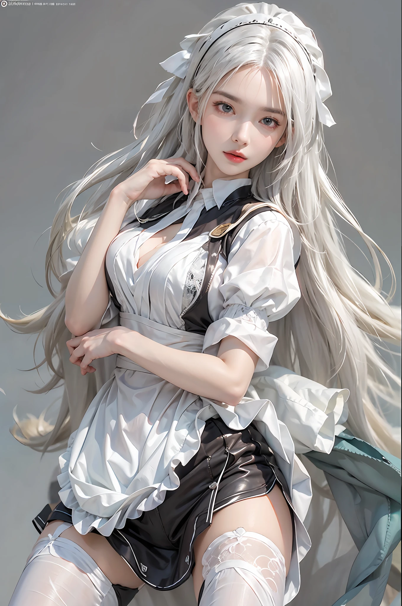 photorealistic, high resolution, 1women, solo, hips up, look at viewer, (detailed face), white hair, long hair, maid costume