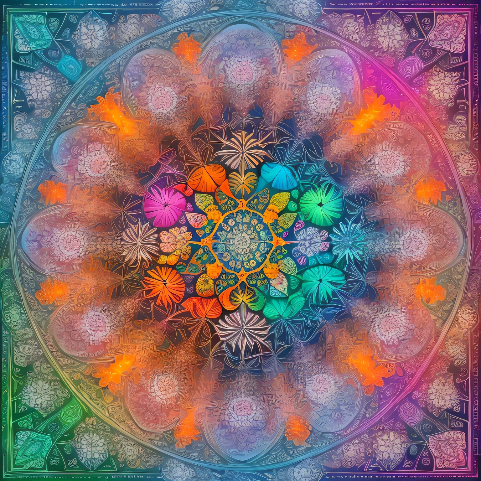 "(Fractal art:1.4)、Overflowing Hope、Jumping out々Objects、(vivd colour:1.4)、Vibrant colors that spread like smoke、(mandalas:1.4)、(Brightly colored mandarin:1.4)、(many colors:1.4)、Constellation pattern"
