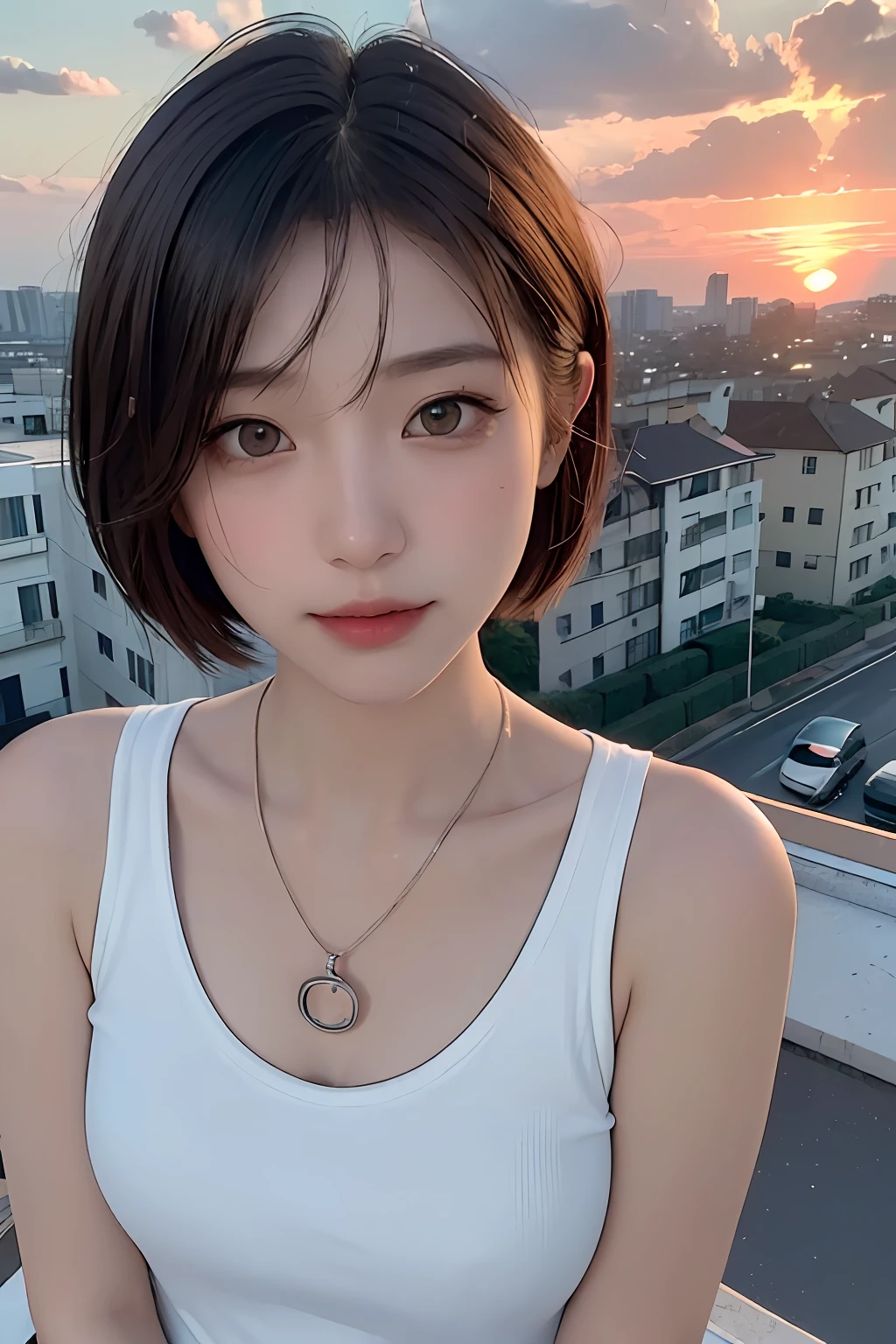 top-quality、masterpiece、超A high resolution、(realisitic:1.4)、(True skin texture:1.3)、(film grains:1.3)、the panorama、portlate、Very wide lens、a closeup、Tindall Effect、Perfect beautiful adult woman、Beautiful detail eyes and skin、ssmile、short cut hair、Petite bust、Small necklace、sleeveless shirts、Sunset from the roof of an apartment building、Sunset clouds、The sea beyond the city、