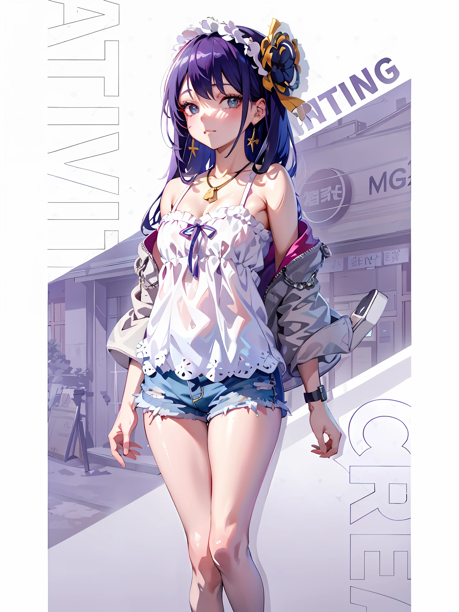 Anime girl walking down the street in shorts and top, Smooth anime CG art, Guviz, trending at cgstation, trending on cgstation, Guviz-style artwork, IG model | Art germ, Fine details. Girl front, seductive anime girls, anime full body illustration, anime visual of a cute girl, Official artwork，The upper body garment fits snugly to the body，Have a bigger chest。。