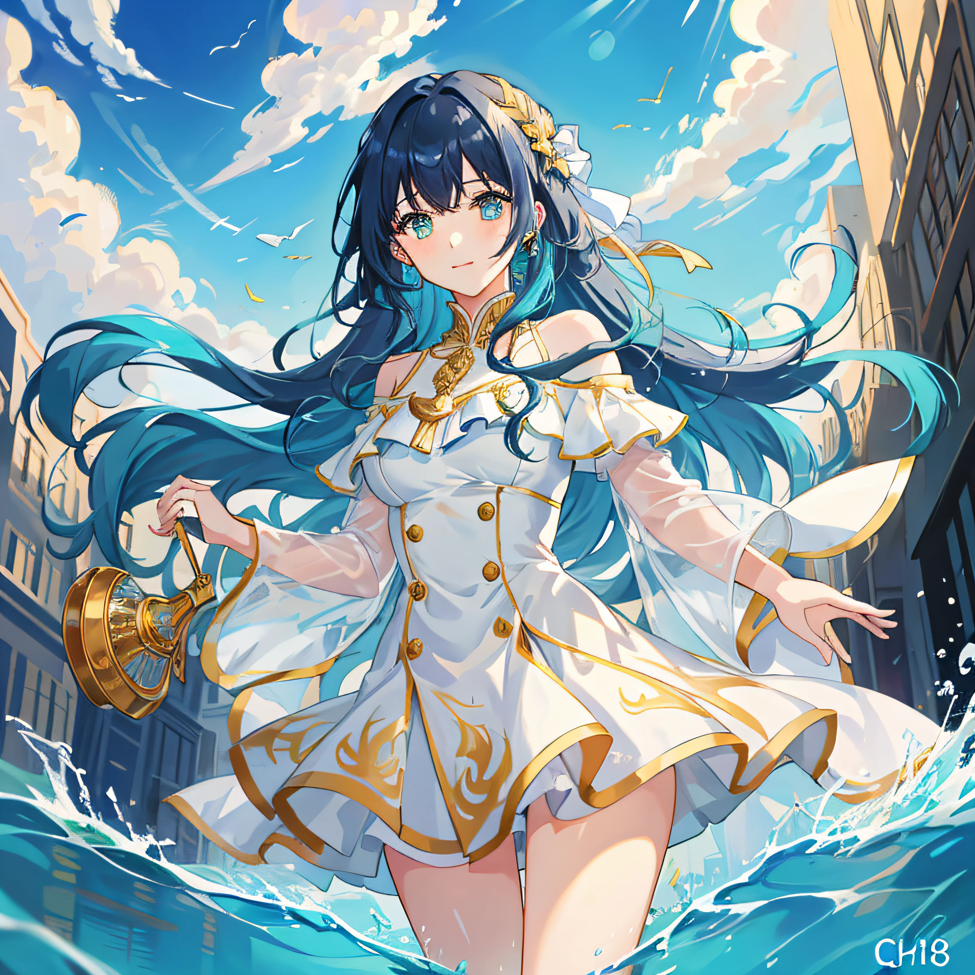 1girl, solo, dynamic angle, dynamic hair, masterpiece, best illustration, beautiful-detailed eyes, cinematic light, colorful, shine, ultra detailed, beautiful detailed sky, disheveled hair, glow white particles, medium breast, cyan_short_hair, curly hair, gold_eyes, spring, standing, gold_off_shoulder_dress, sky, sun light, hair flows upsides, clother flows upsides, expressionless, clear sky, walking on street, brightness pupils, charactor focus, looking viewer, light smile, light from behind, earring, hair cilp, from front, water, underwater, flowing hair