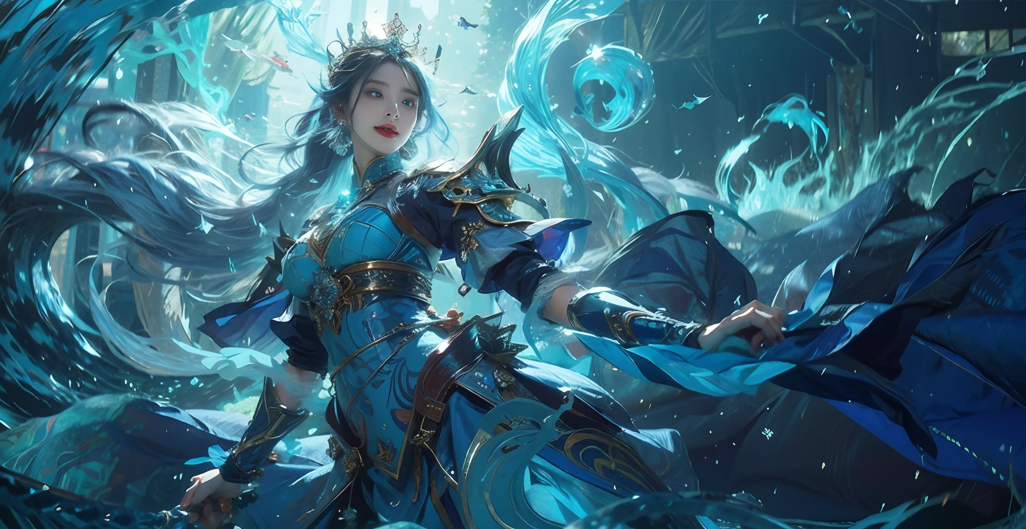 Close-up of a woman in a blue dress, Crown on head,Blue hair,queen of the sea mu yanling, Irelia, Splash Art, league of legends splashart, ice sorceress, IG model | Art germ, crystalline skin, Ashe, league of legends splashart, Official Splash Art, as seen on artgerm, artgerm detailed