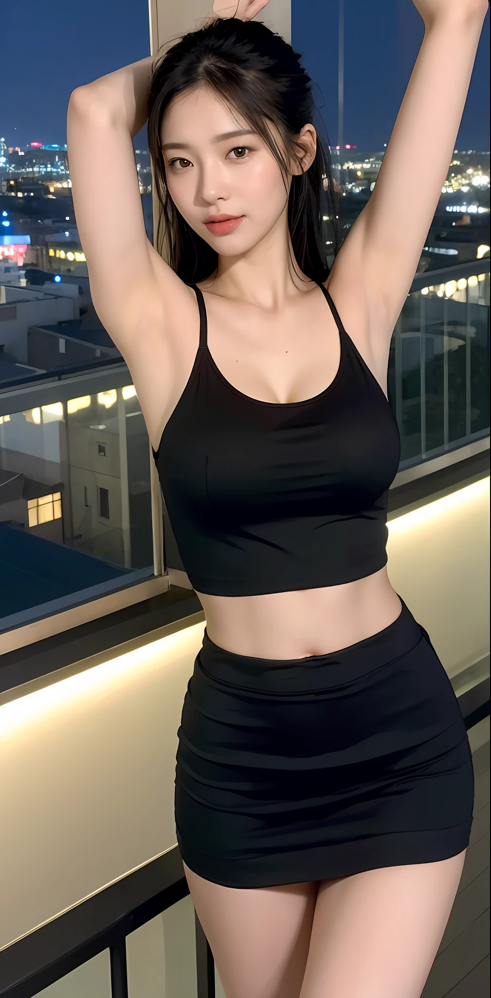 ((Midnight, Best quality, 8k, Masterpiece :1.3)), Whole body, Long legs, Sharp focus :1.2, A pretty woman with perfect figure :1.4, Slender abs, thigh :1.1, ((black hair, Big breasts :1.2)), (, Jean short skirt, Standing :1.2), ((Night city view, balcony :1.3)), Highly detailed face and skin texture, Detailed eyes, Double eyelid, slightly smile, close up, armpits
