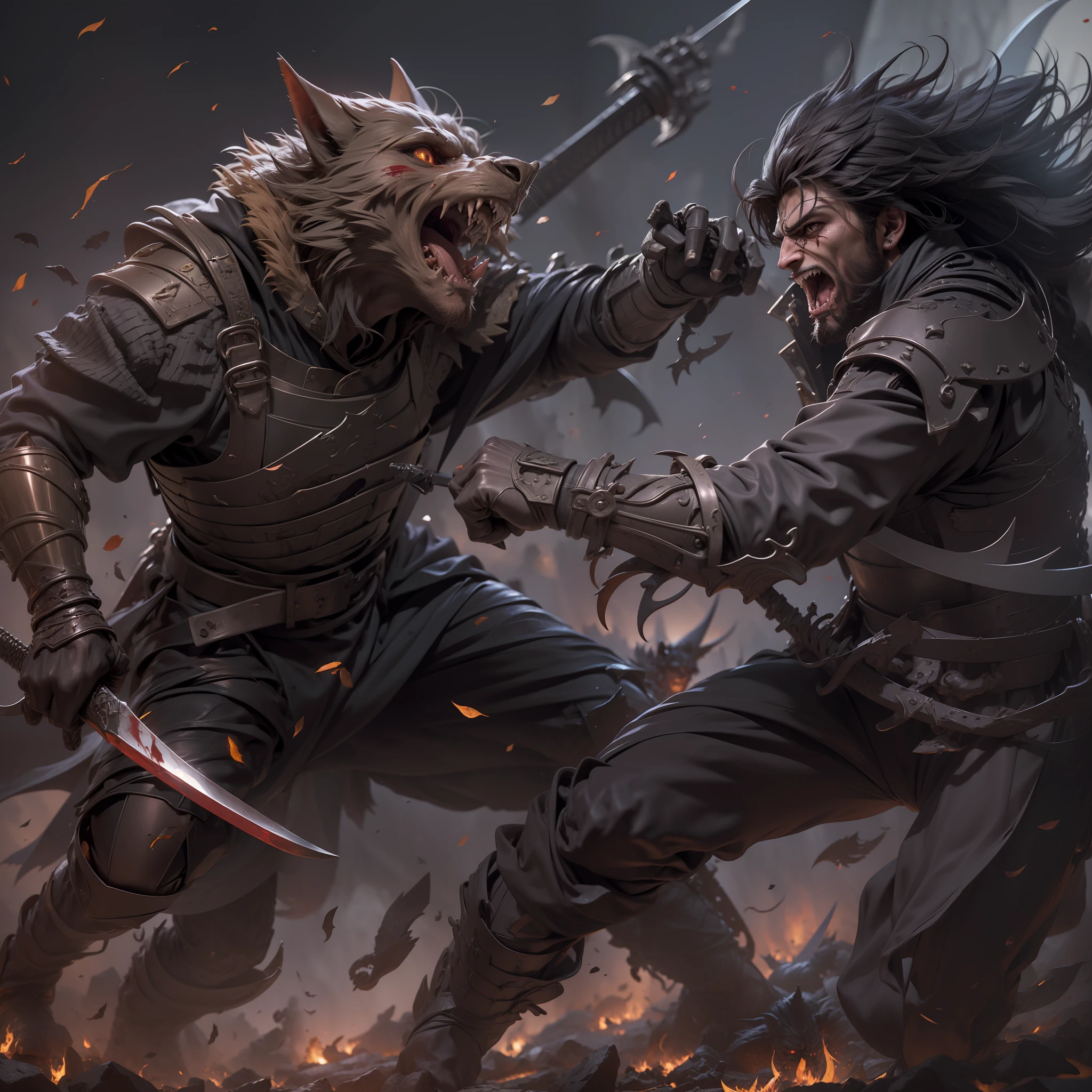 two characters, fighting, 1 Shadowhunter, 1 werewolf, claws, fangs, open mouth, beard, detailed face, bloody face, full body tattoo, necromancy, witch, armor, sword, scythe, combat, attack, detailed image, best quality, full body: 1.2, battlefield scene