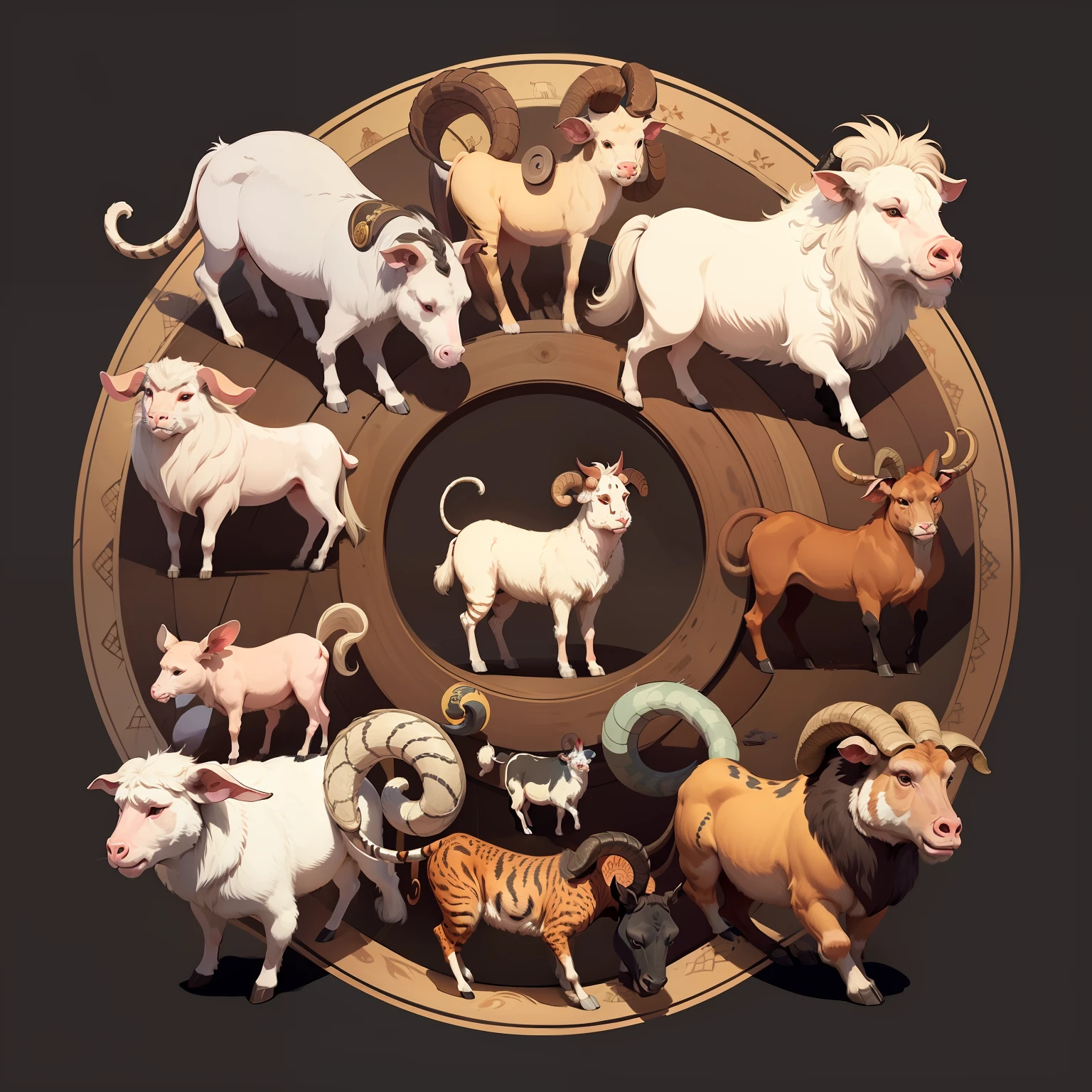 Draw 12 circular buttons in vector, each with one of this animals below: Rat, Ox, Tiger, Rabbit, Dragon, Snake, Horse, Goat (or Sheep), Monkey, Rooster, Dog, Pig