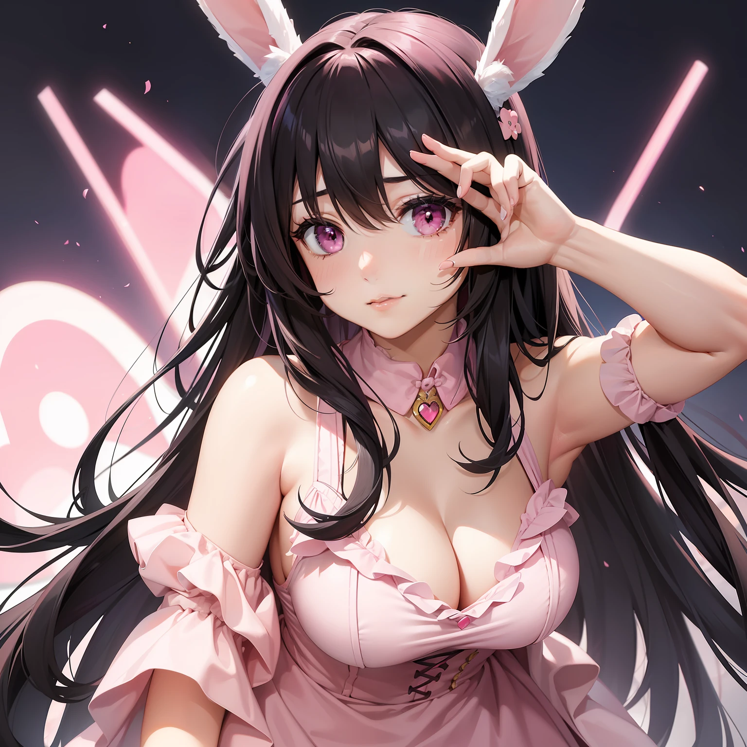 a women, pink bunny ears, black hair, pink eyes, pink dress