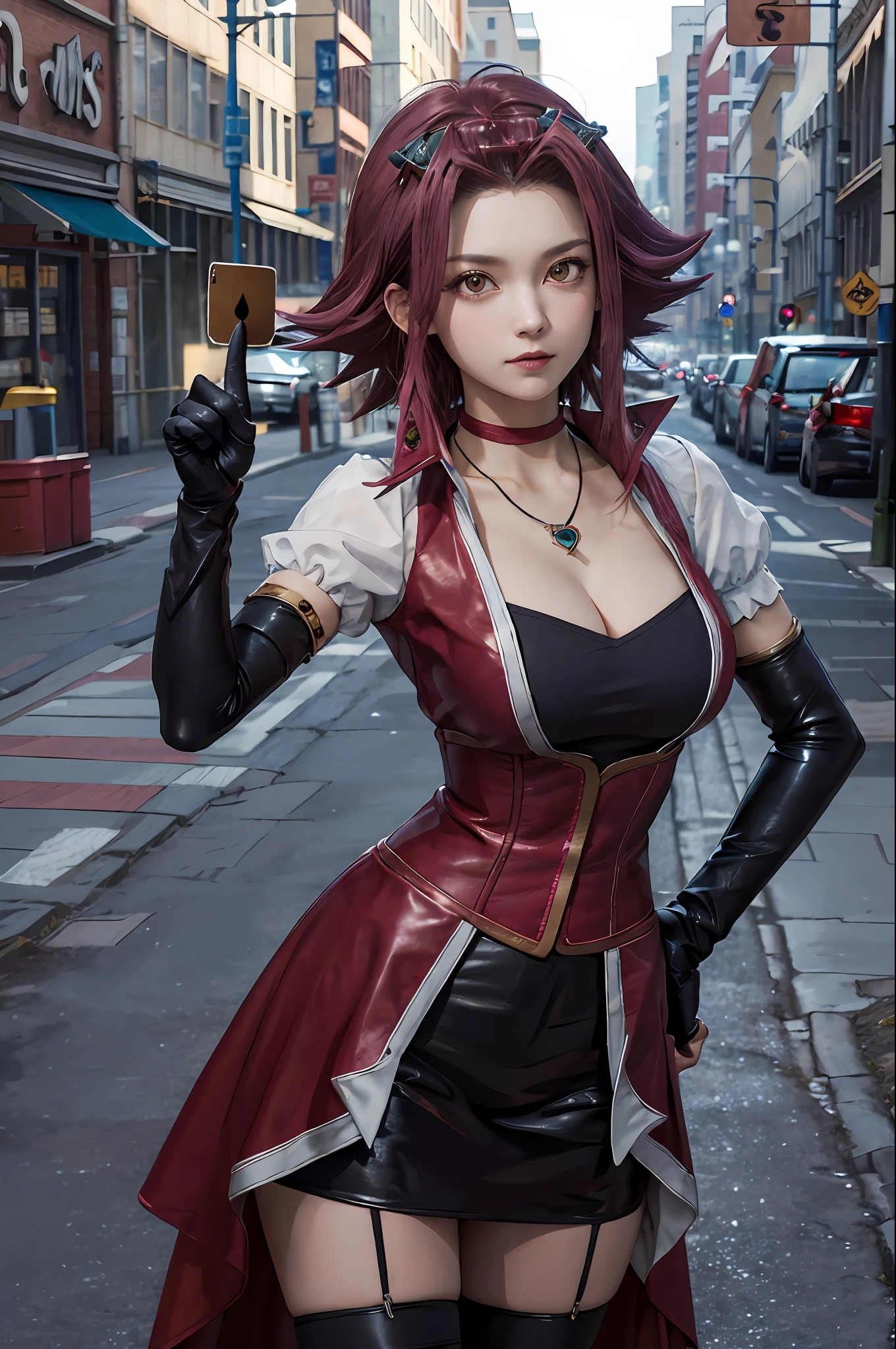 masterpiece, best quality, highres, aki1, izayoi aki, solo, gloves, elbow gloves, breasts, jewelry, cleavage, choker, necklace, black thighhighs, black gloves, large breasts,standing, cowboy shot, outdoors, hand on hip, street, pointing, ((holding Yu-Gi-Oh card))