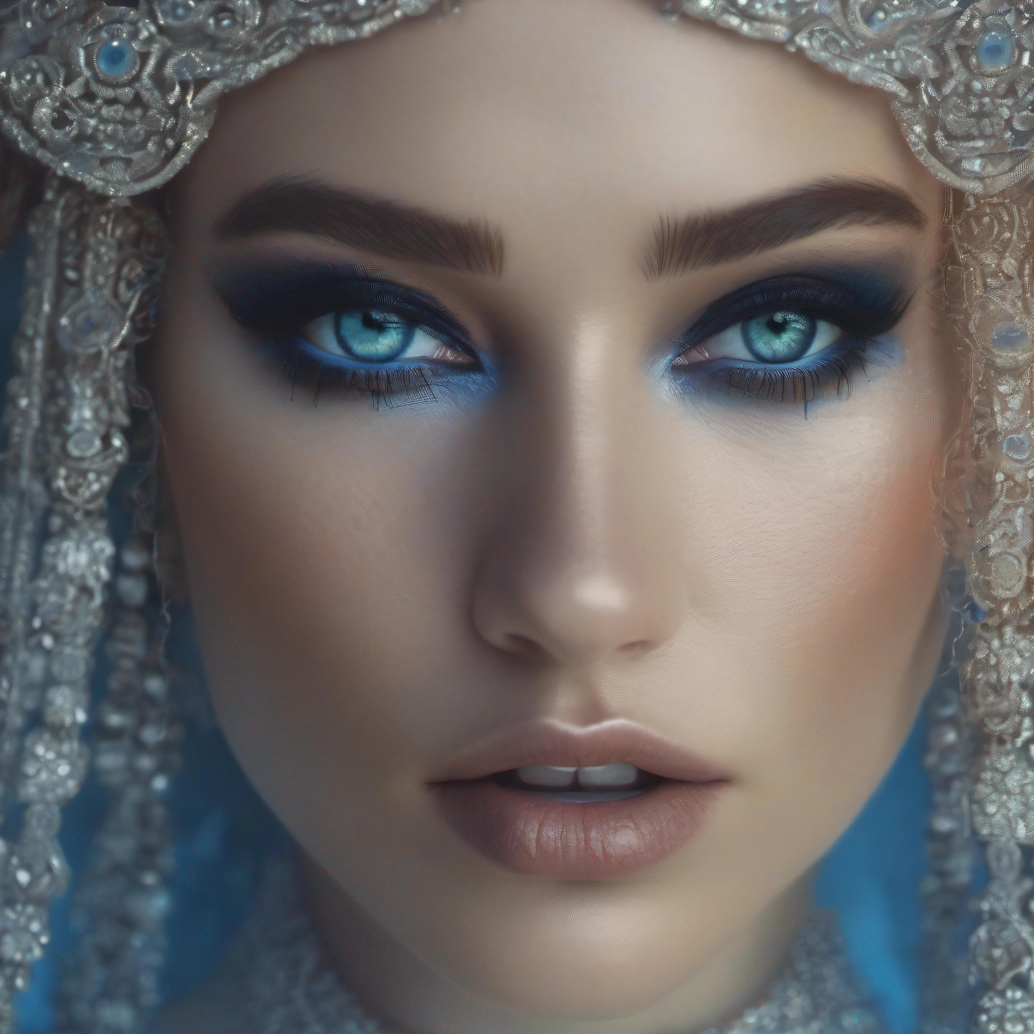 [face freckles], (blue eyes), choker, smokey make up, close up, portrait, in a royal palace bath hall,