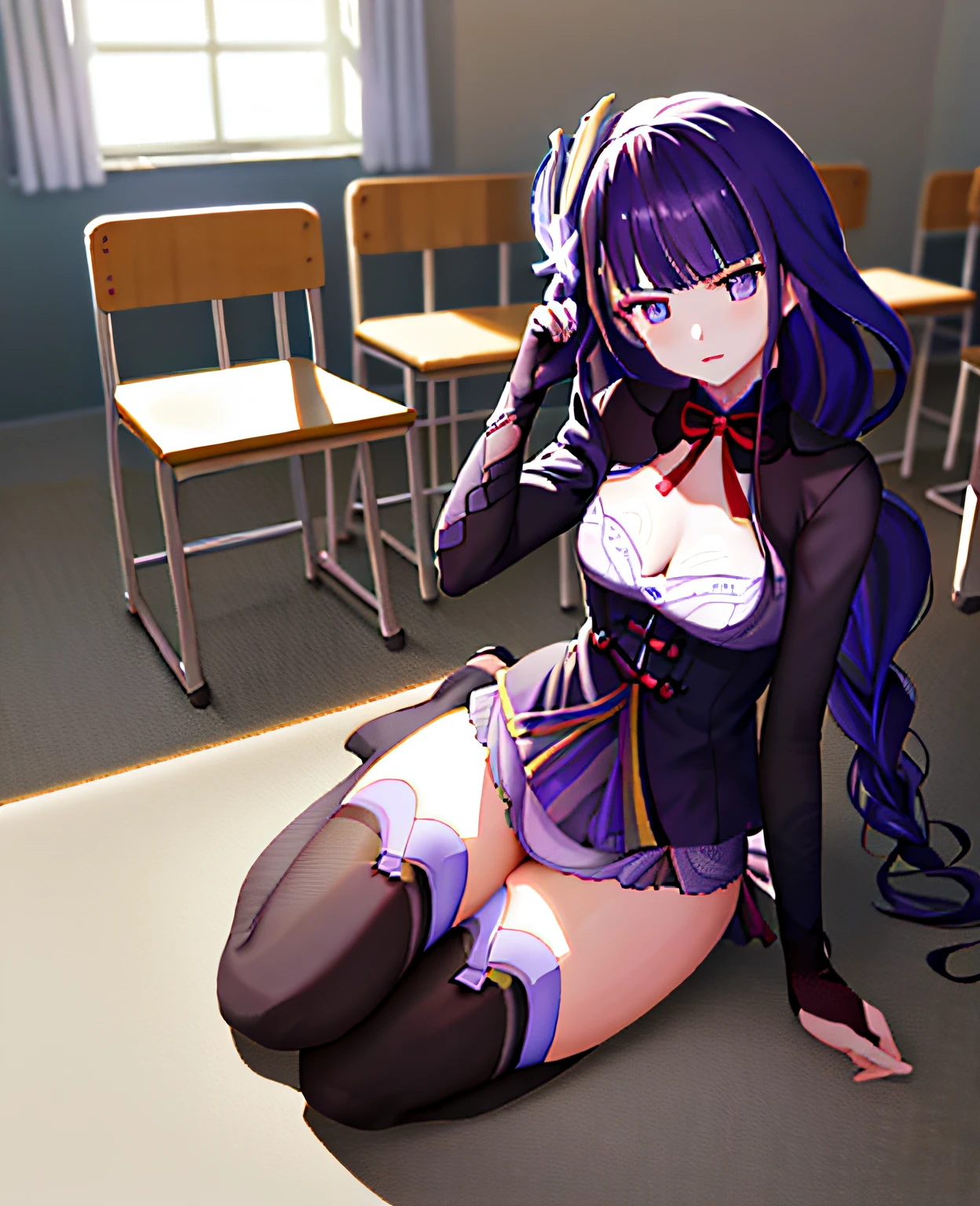 tmasterpiece,Best quality,1girl,独奏,raiden_genshin,Classroom,are standing,no clothes are worn