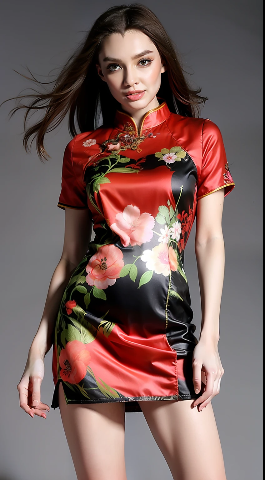（Hyper Real）， （illustratio）， （A high resolution）， （8K）， （The is very detailed）， （Most Best Illustration）， （美丽细致的眼睛）， （best qualtiy）， （ultra - detailed）， （tmasterpiece）， （the wallpaper）， （详细的脸）， Sagging eyes， long whitr hair，huge tit，on cheongsam，Chinese style clothes，The background is indoors，（camel-toe）