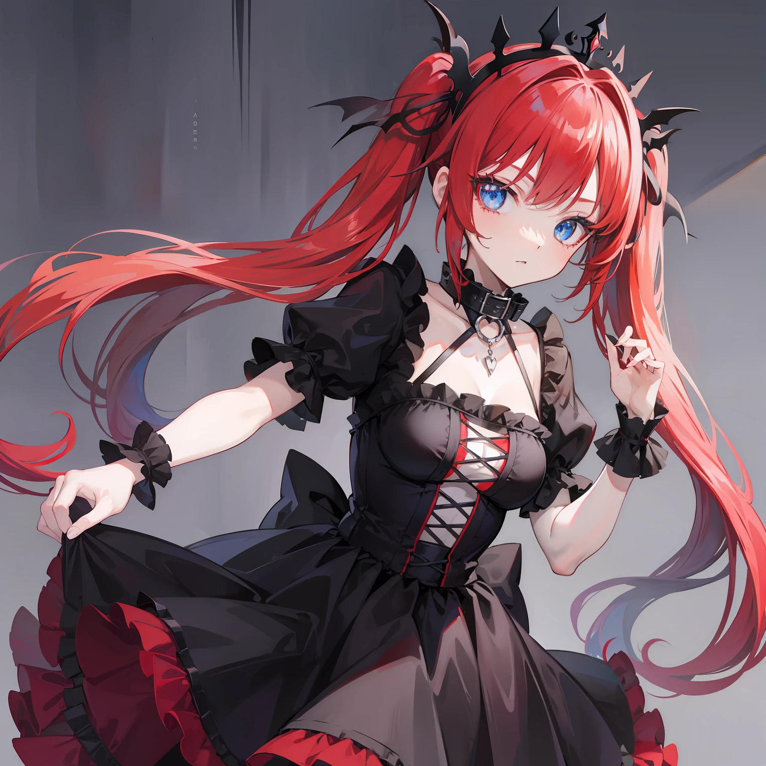 Red hair, Blue eyes, twintails, Goth Lolita, Darkgoth, Collar,Crown tiara,pride,solo,loli,Long hair,