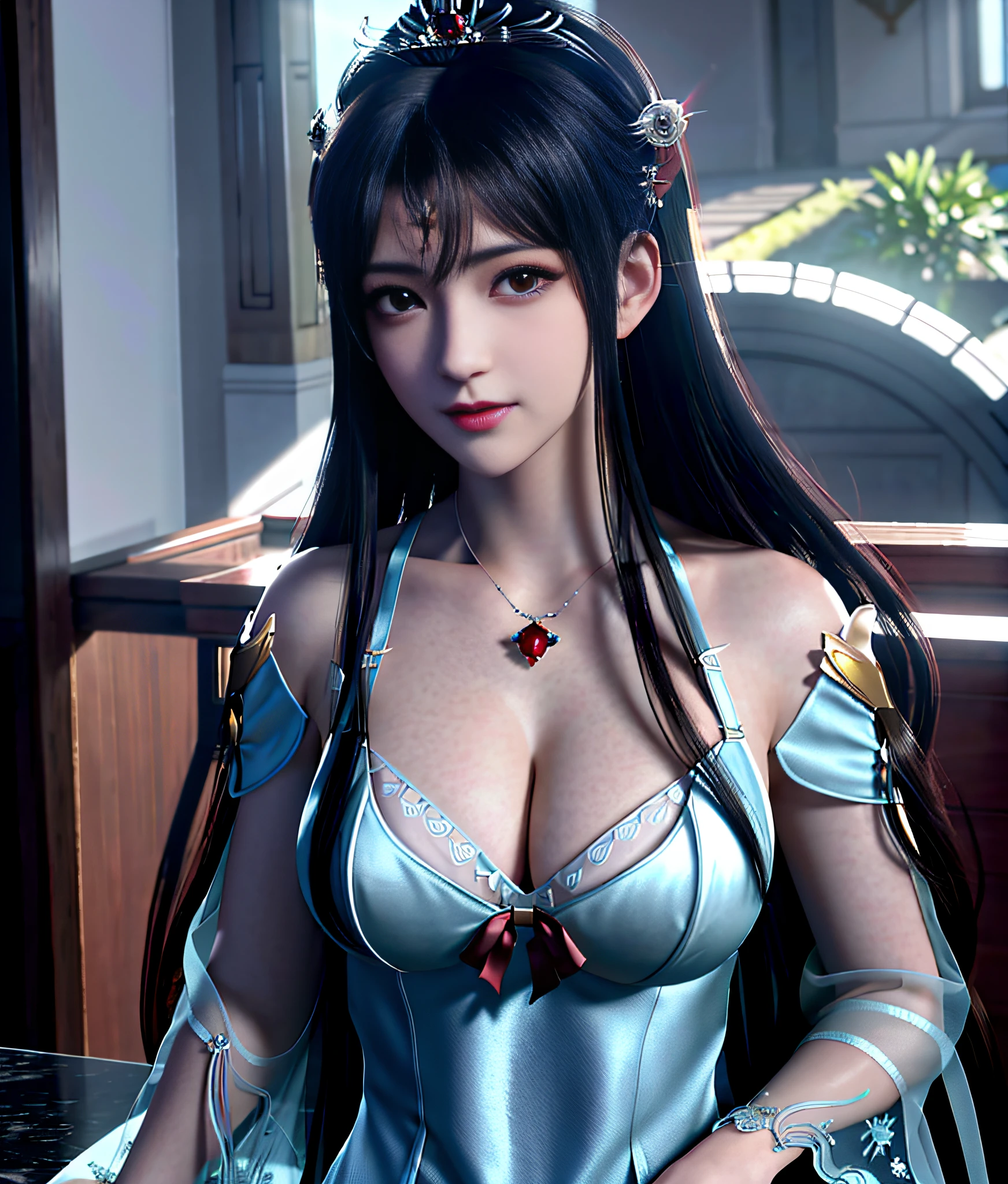 a close up of a woman in a red dress with long hair, beautiful and seductive anime woman, a beautiful fantasy empress, inspired by Du Qiong, alluring tipha lockhart portrait, ((a beautiful fantasy empress)), seductive anime girls, Beautiful anime woman, Charming Tifa Lockheart, beautiful avatar picture, mai shiranui, Lady in blue sky armor, ff Tifa, (Lingerie:1.2), photograph realistic, top body is hyperrealistic thicc muscle and hyper largest_Breasts!! with the type of boobs_melons, Tyndall effect, Photorealistic, Dark Studio, rim lit, twotonelighting, (highdetailskin:1.2), 8K  UHD, Digital SLR, Soft lighting, High quality, voluminetric lighting, candid, photographed, high resolution, 4K, 8K, Bokeh, Breast out,