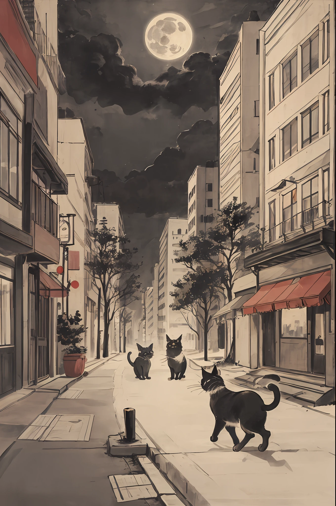 Cats、Red、greenr、cute little、big eye、​masterpiece、fullmoon、highrise buildings、Street