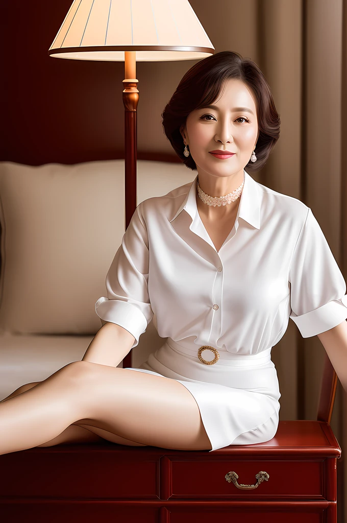 (edited photo Gao Yuanyuan as a 48-year-old Chinese actress), (wearing a delicate white shirt, intimate, details: 1.3), (panties, similar: 1.3), (choker necklace: 0.8), (high detail face: 1.4), (with a kind smile, studio shooting, gray background: 1.8), (8k, ultra hd, DSLR, high quality, cinematic lighting, bokeh), (award-winning photography, incredible masterpieces: 1.3)