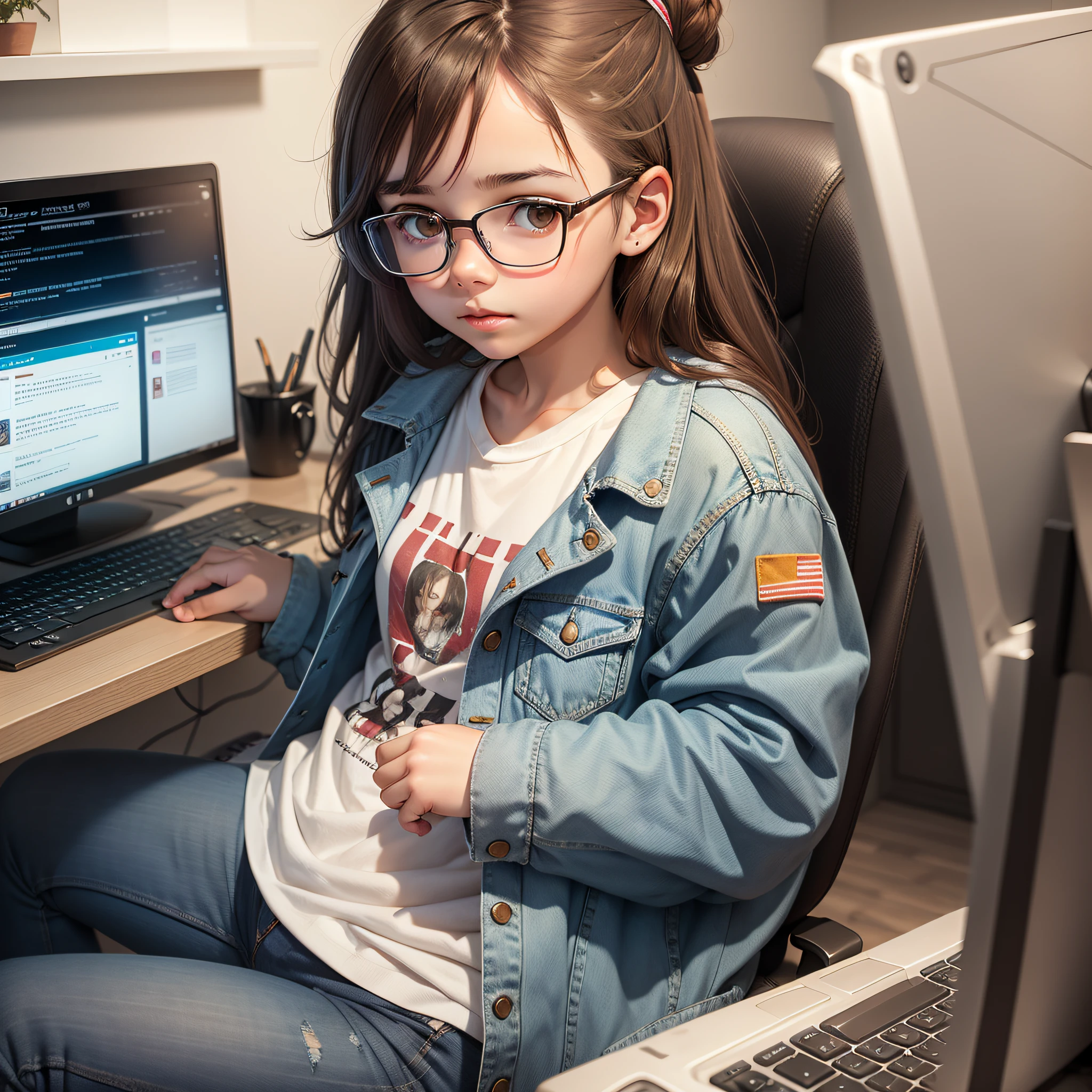 a young girl with brown hair and tied with glasses and dressed in jeans, white T-shirt and denim jacket on the left side, a computer.