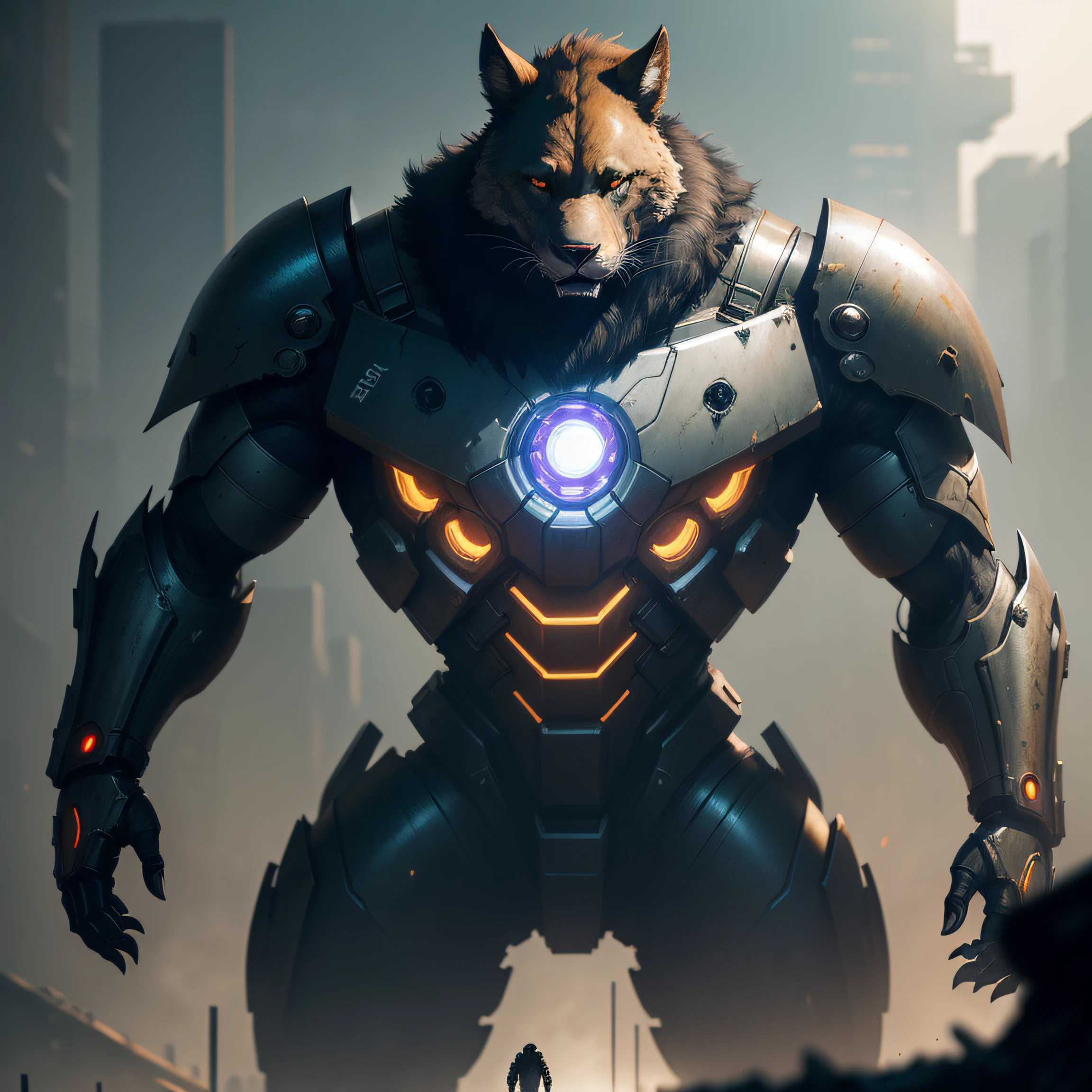 Dark_Fantasy,ciberpunk,Mechanical marvel,Robotic presence,Cybernetic guardian, in a worn-out huge fur suit,  (steel metal [rusty]),  Clear Focus, directed by Greg Rutkowski, soft-lighting, bright colours, tmasterpiece, Overall Snapshot, dynamicpose