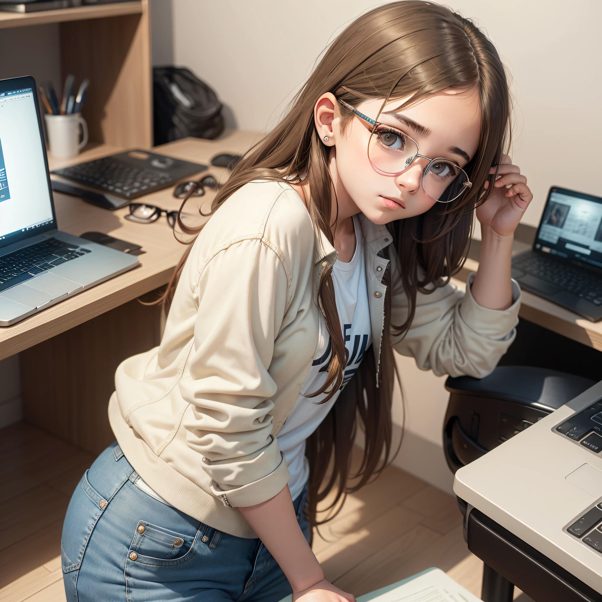 a young girl with brown hair and tied with glasses and dressed in jeans, white T-shirt and denim jacket on the left side, a computer.