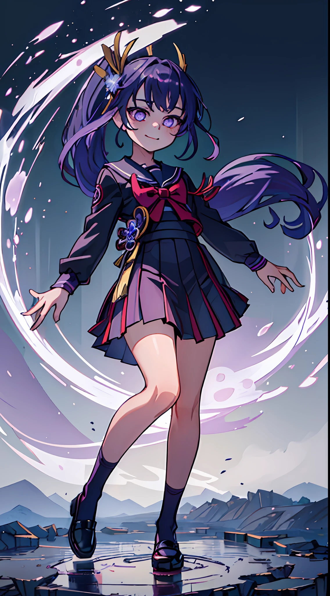 (child body:1.3), Raiden Shogun \(genshin impact\), looking at viewer, purple hair, pink pupils, (masterpiece, best quality:1.2), (solo), (1girl), best quality, (photorealistic:1.4),ultra detailed, solo, (full body:1.5), standing, love in eyes, double ponytail, blushing, cute, smile, school uniform, long sleeves, miniskirt