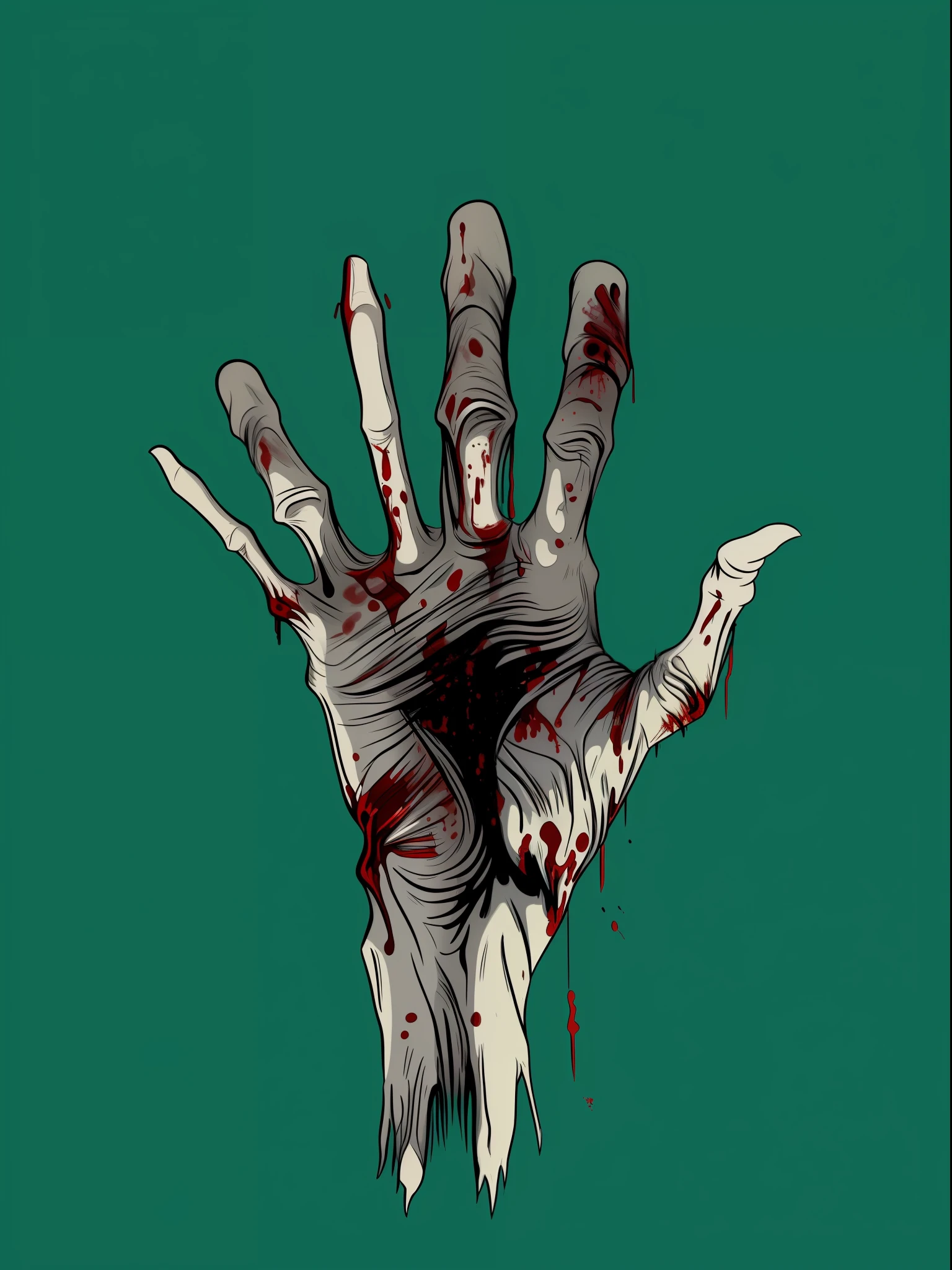 Close-up of a hand,Blood dripped down, Zombie arms in front, high detail of a hand, human hand, hand of fear, Transplant hand-to-head, Undead. Highly detailed, horror illustration, 5 fingers). Full body realistic, open hand, Left hand, realistic hand, extreme hand detail, Raise Hand, corrected hand