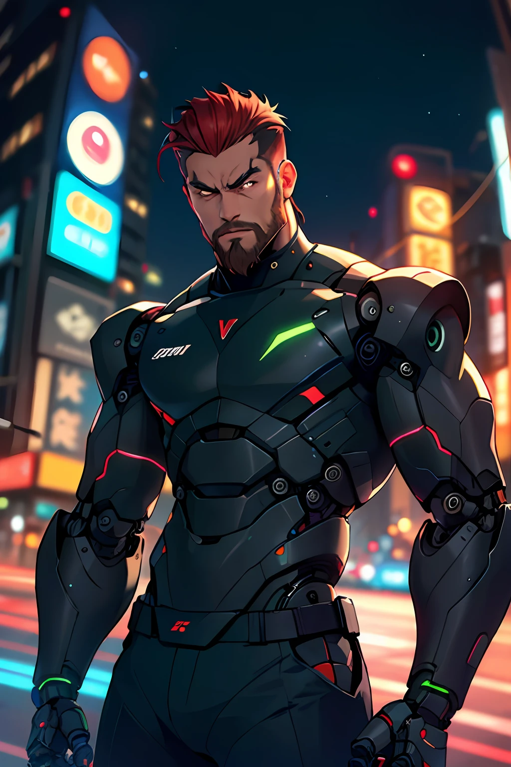 1man,masterpiece,best quality, ultra high res, dusk, cityscape, depth of field, solo male, (masterpiece, best quality), 1men, beard, (blurry, bokeh, fisheye lens), night, looking at viewer, contrast, contrapposto, ((robot body)), cyborg, red hair, stubble beard, slicked back hair, mature, angry, upper body, detail robot, ((neon light body))