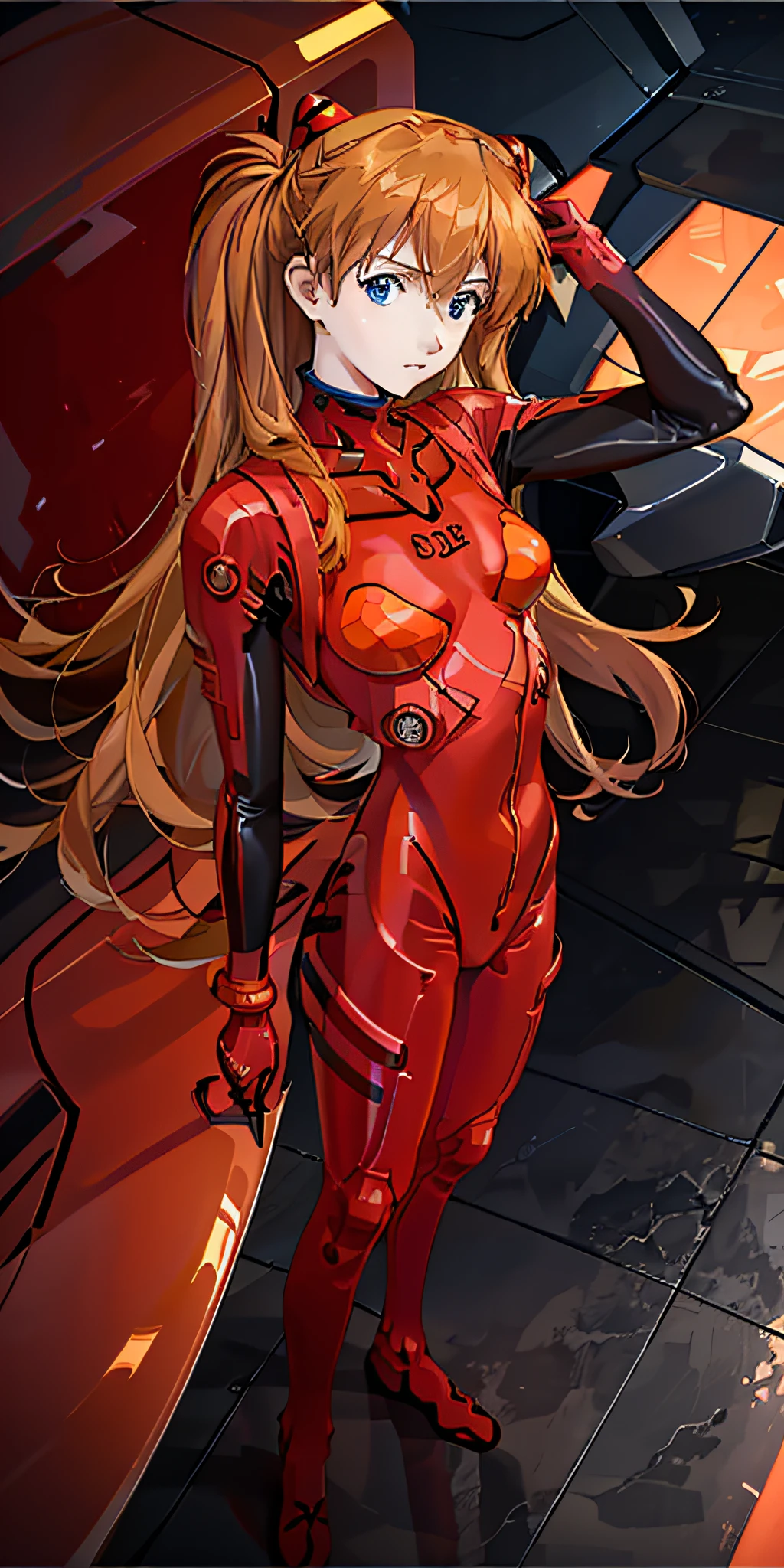 (Overhead view),dynamic angle,ultra-detailed, illustration, close-up, straight on, 1girl, 
 ((souryuu asuka langley, interface headset, red bodysuit:1.4, blonde)),Her eyes shone like dreamy stars,(glowing eyes:1.233),(beautiful and detailed eyes:1.1),(expressionless,closed mouth),(standing), 
(mechanic room with toolsand spaceship windowin a white SPACESHIP),
(night:1.2),dreamy, [[delicate fingers and hands:0.55]::0.85],(detail fingers),