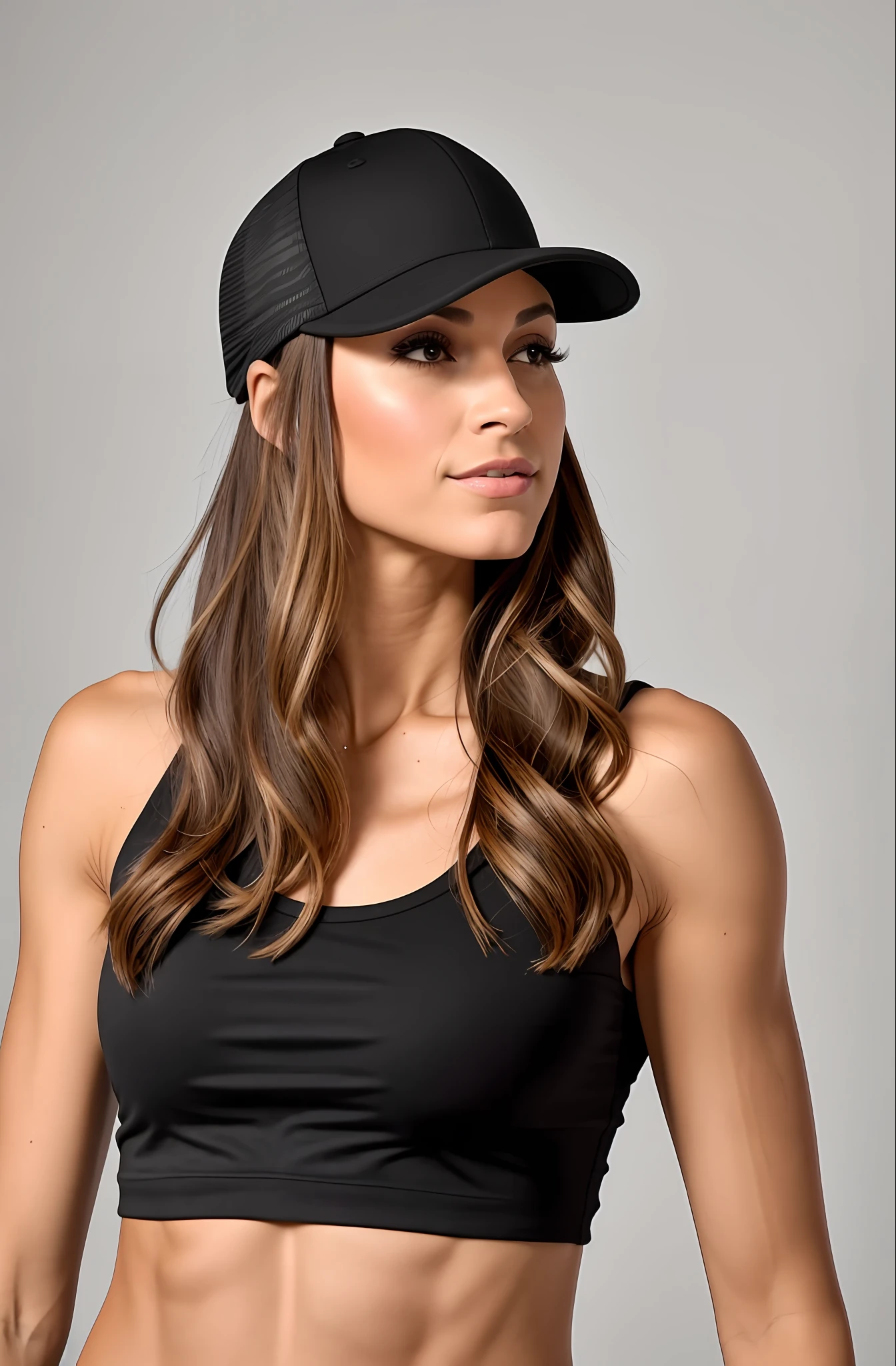 a woman wearing a black hat and a black top, baseball hat has, olhando para o lado, olhando para o lado, black hat, wearing baseball cap, Vista lateral, lado - vista, em forma, usando equipamento de fitness, 3/4 vista lateral, Foto de perfil lateral, side view profile centered, olhando de lado!, wearing a baseball cap, rosto lindo, Rosto de mulher bonita, deslumbrante, rosto detalhado, ......RAW.