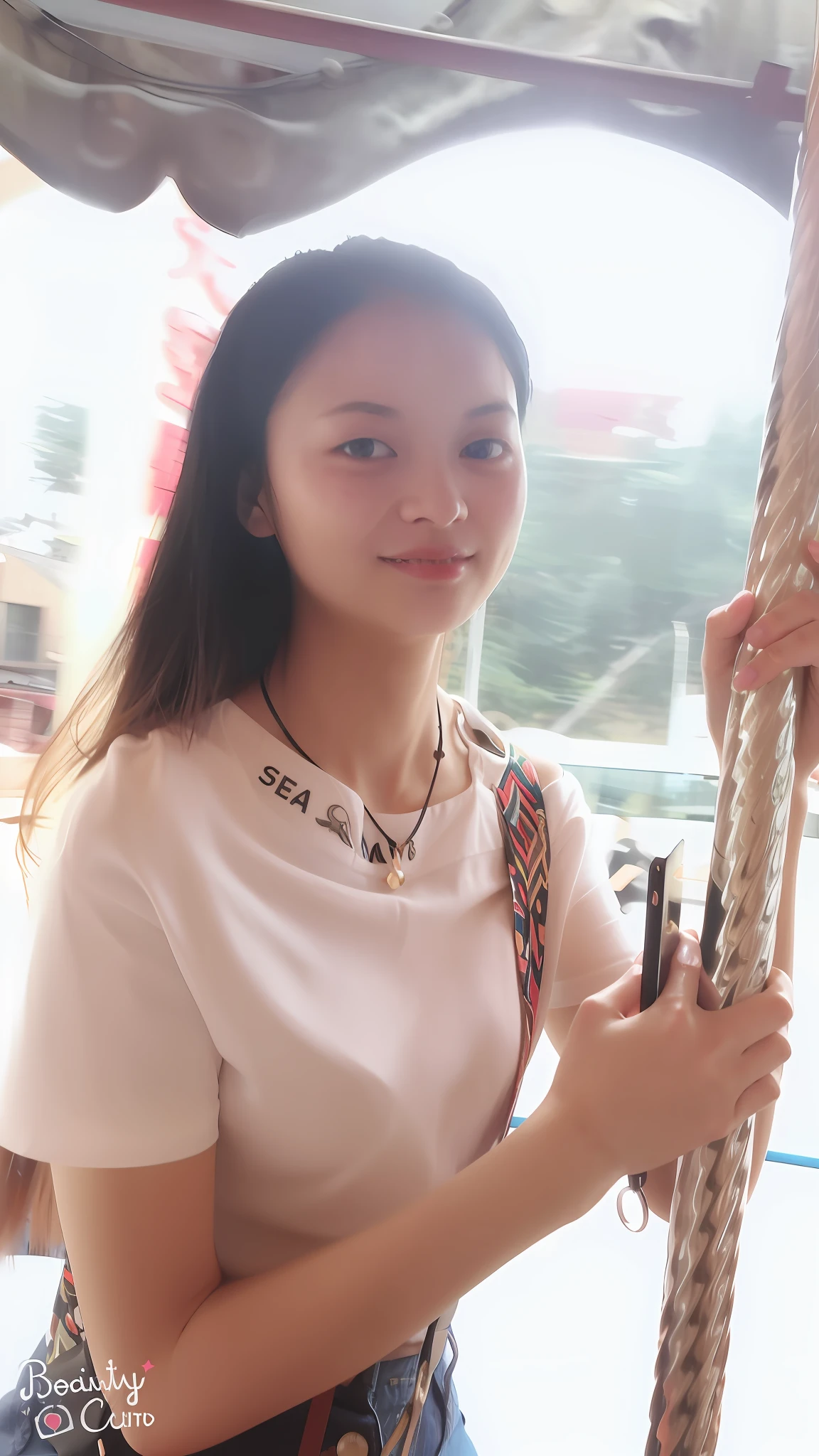 Arapei woman holding a wooden pole in front of the building, xintong chen, Chinese girl, wenfei ye, zeng fanzh, A young Asian woman, 2 7 years old, 2 8 years old, Zhang Pengzhen, xision wu, Li Zixin, 2 9 years old, 2 3 years old, huifeng huang