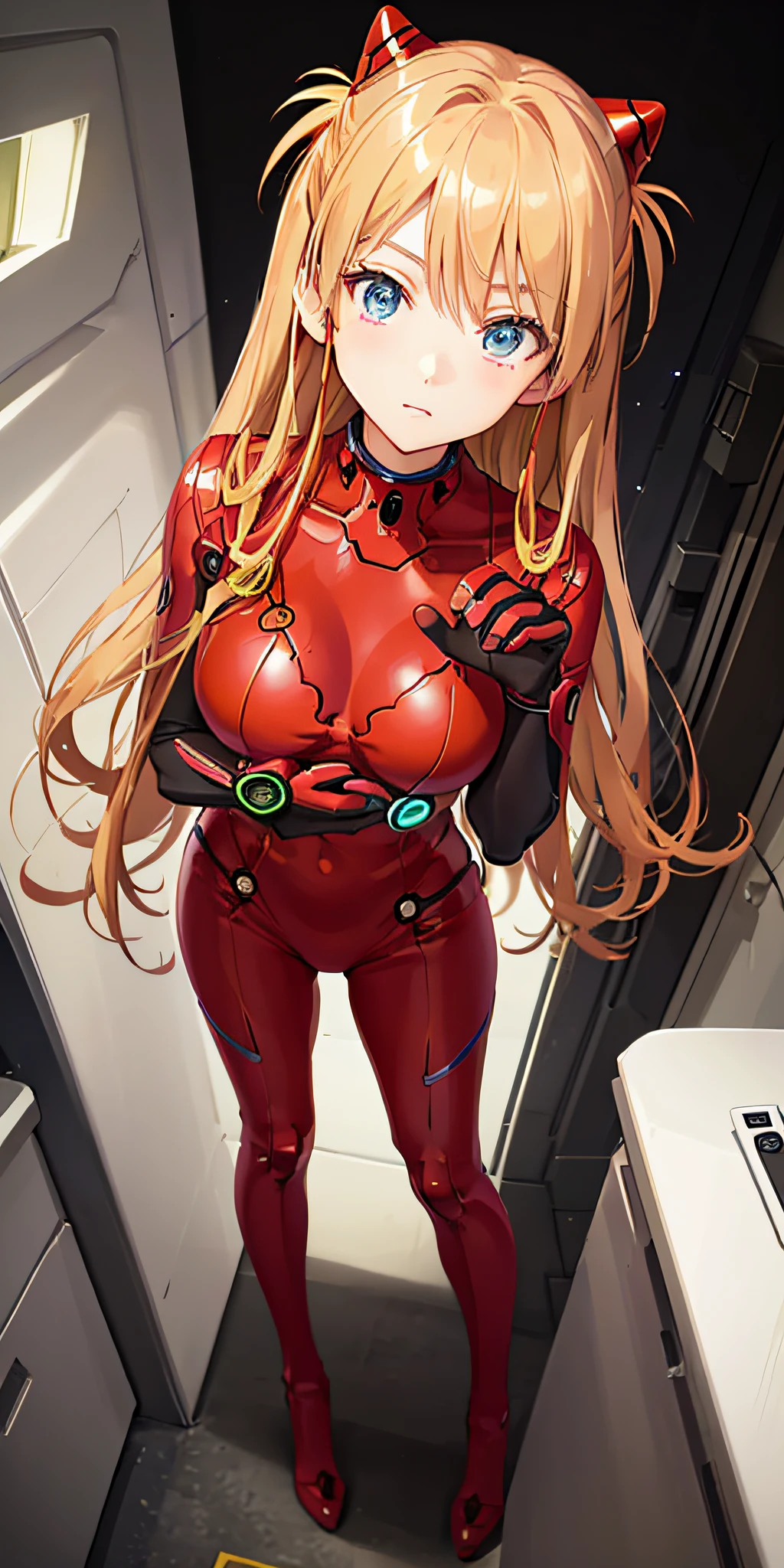 (Overhead view),dynamic angle,ultra-detailed, illustration, close-up, straight on, 1girl, 
 ((souryuu asuka langley, interface headset, red bodysuit:1.4, blonde)),Her eyes shone like dreamy stars,(glowing eyes:1.233),(beautiful and detailed eyes:1.1),(expressionless,closed mouth),(standing), 
(mechanic room with toolsand spaceship windowin a white SPACESHIP),
(night:1.2),dreamy, [[delicate fingers and hands:0.55]::0.85],(detail fingers),