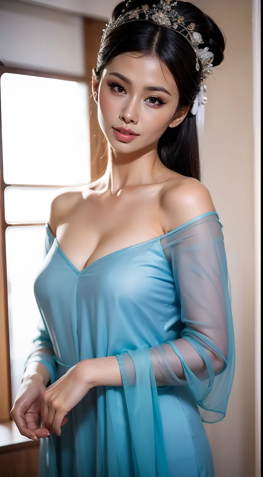 Fashion model 25 years old [[[[closeup cleavage]]]], [[[[boobgasm]]]], [[[[coll]]]], [[[[bshoulders]]]], perfect  eyes, Perfect iris，Perfect lips，perfect teeth，Perfect skin，Slender face，Soft front light，hdr，Movie girl，Casual，sitted，In the background is the bedroom；（pastel colour：1.2）