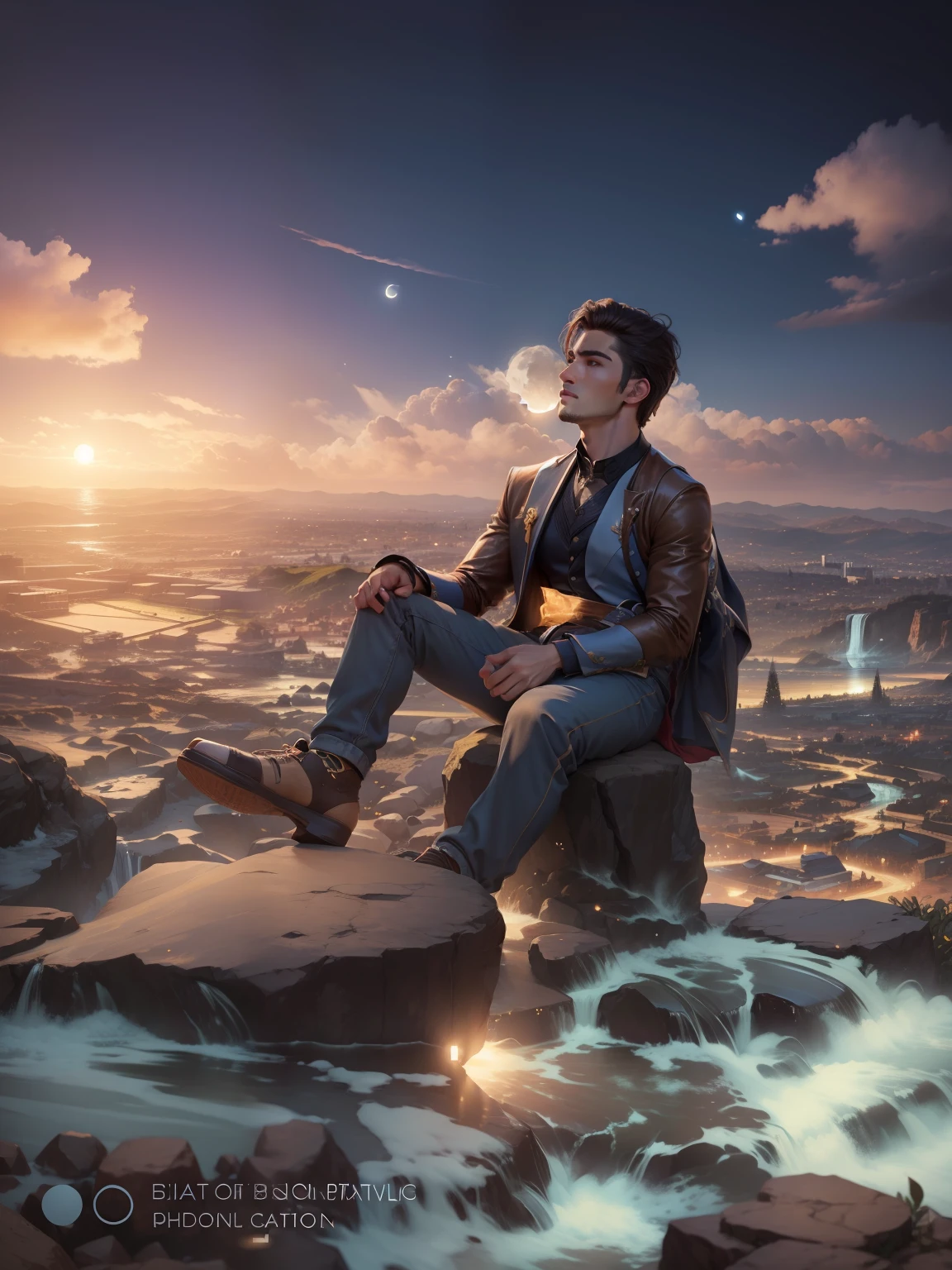 Hilly Waterfall background, moon in the sky , Handsome boy , realistic face,8k ultra realistic