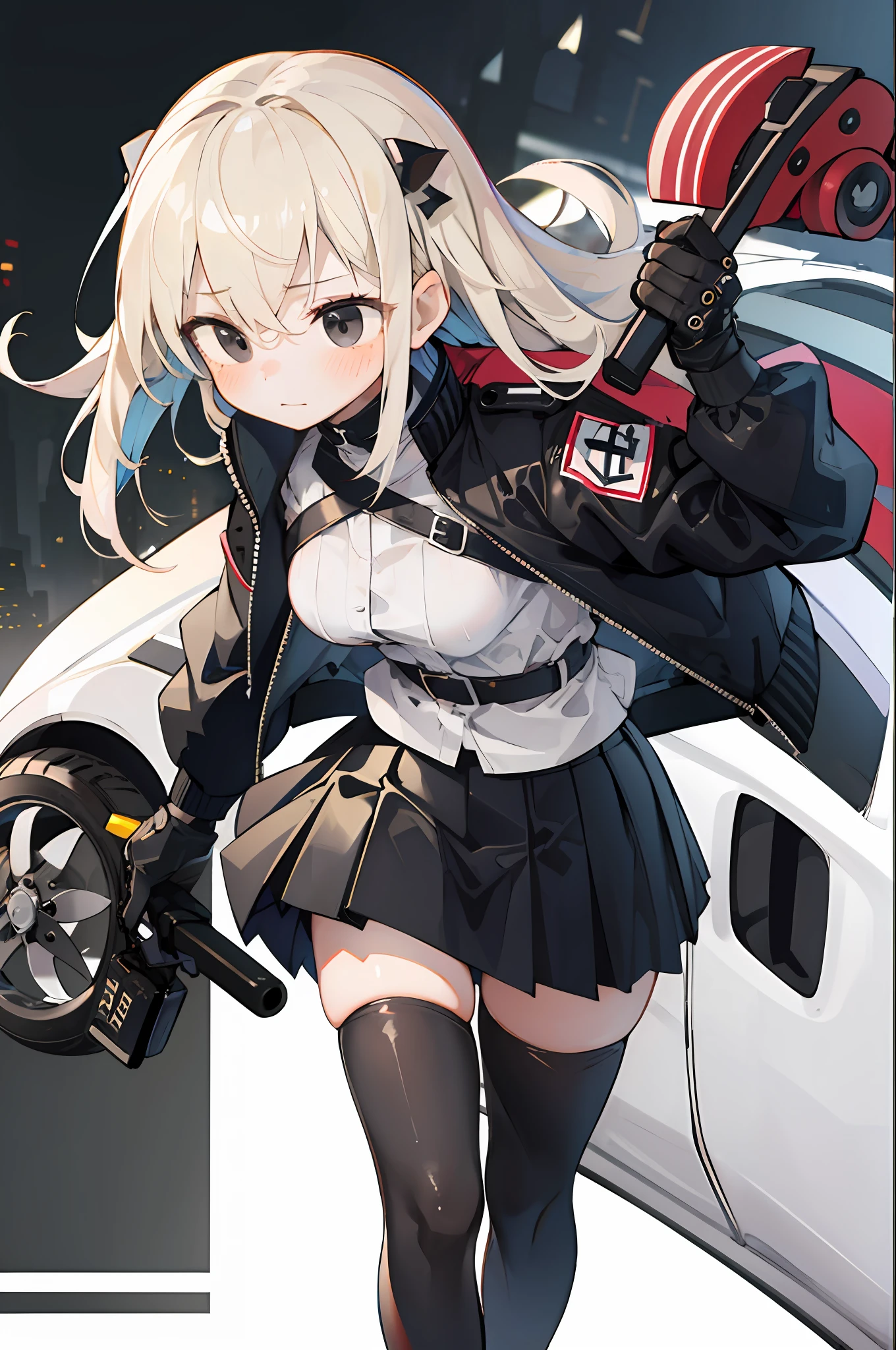 (Masterpiece, Best Quality:1.3), 1Girl, (black Rider Jacket:1.26), black skirt, motorcycle, Driving gloves , Beige hair, Long hair, Shaggy Cut, Black eyes,