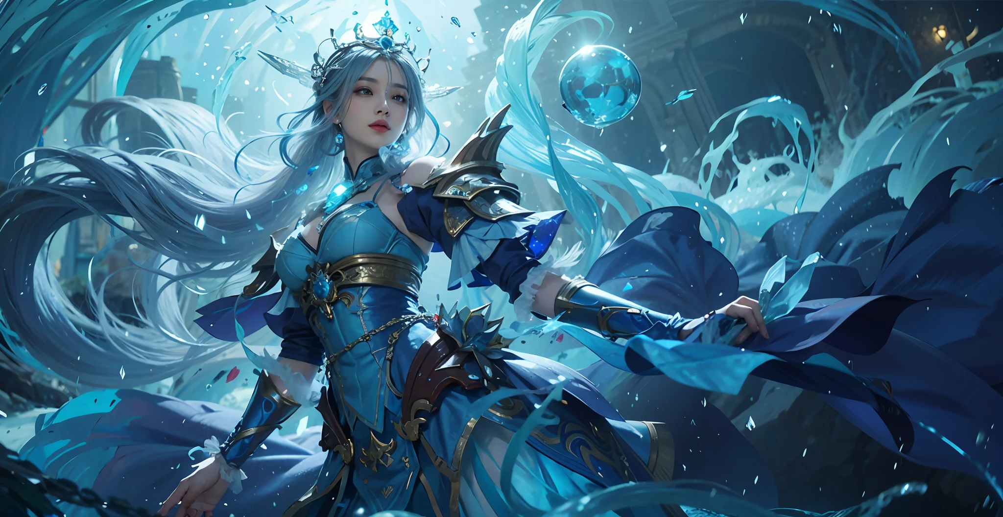 Close-up of a woman in a blue dress, Crown on head,Blue hair,queen of the sea mu yanling, Irelia, Splash Art, league of legends splashart, ice sorceress, IG model | Art germ, crystalline skin, Ashe, league of legends splashart, Official Splash Art, as seen on artgerm, artgerm detailed