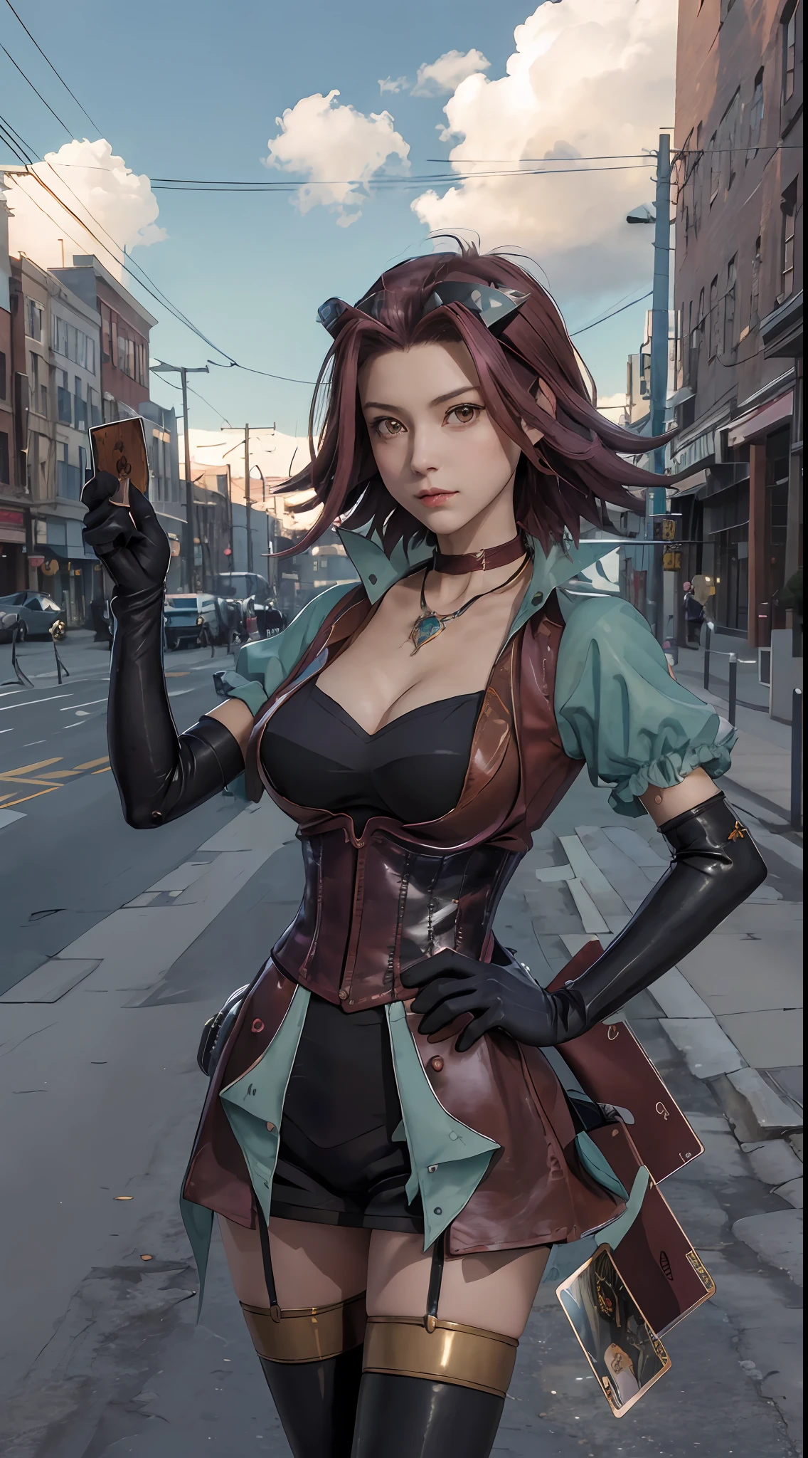 masterpiece, best quality, highres, aki1, izayoi aki, solo, gloves, elbow gloves, breasts, jewelry, cleavage, choker, necklace, black thighhighs, black gloves, large breasts,standing, cowboy shot, outdoors, hand on hip, street, pointing, ((holding Yu-Gi-Oh card))