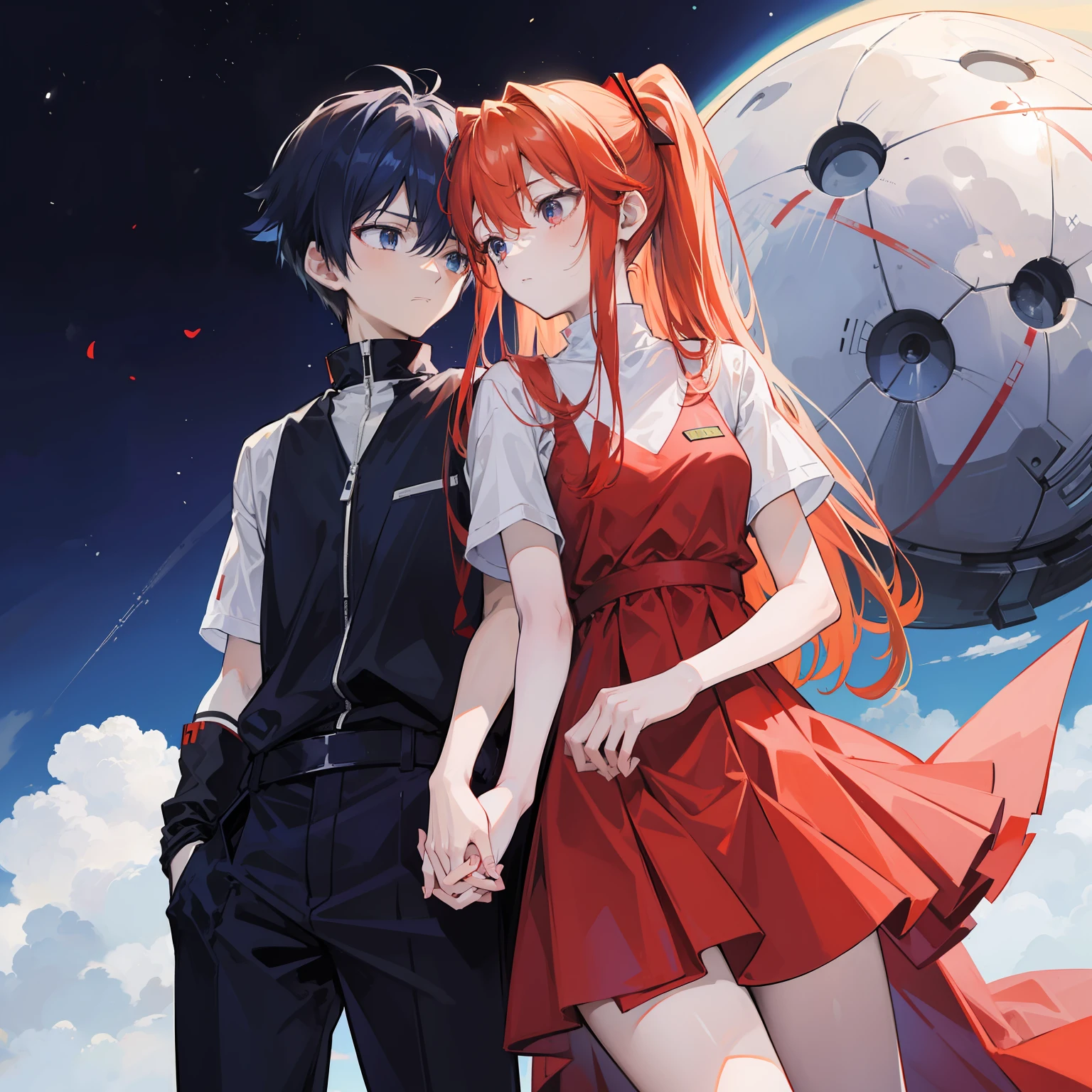 Asuka Langley, femele, Lovers holding hands, and Shinji Ikari, A Man,. There is no height difference between men and women, Women wear red plug suits, men wear white and blue plug suits, Men's hair is short and black,