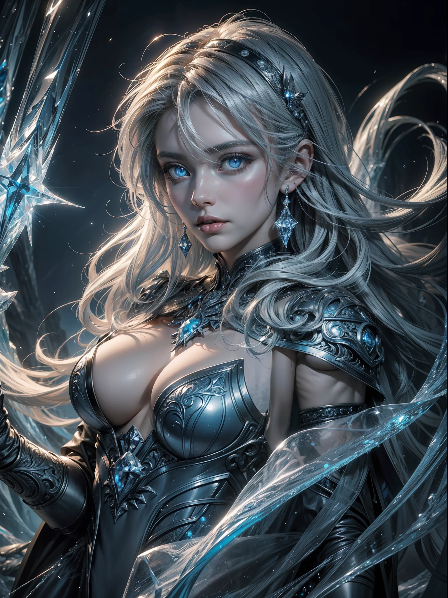 high details, best quality, 8k, [ultra detailed], masterpiece, best quality, (extremely detailed), dynamic angle, ultra wide shot, photorealistic, fantasy art, dnd art, rpg art, realistic art, an ultra wide picture of a female human (1.5 intricate details, Masterpiece, best quality) godess of ice  ((icy magical aura)), controlling a swirling icy blue magic (1.5 intense details, Masterpiece, best quality), manipulating [[magical ice magical symbols]] (1.5 intricate details, Masterpiece, best quality), human female, silver  hair, long hair with icy aura, hair with freezing  touch, cold eyes, intense eyes, ((icy eyes)), ((glowing blue eyes)), dynamic clothing, fantasy glacier background, ((divine worship atmosphere)), high details, best quality, highres, ultra wide angle