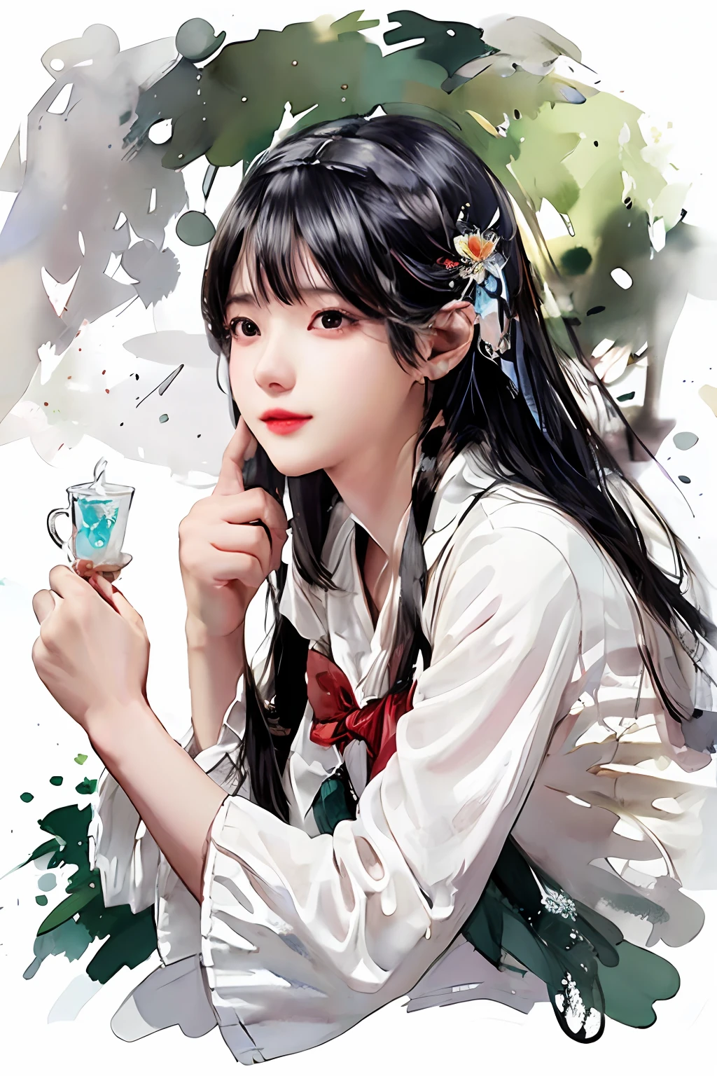 stechu,(white background:1.4), ((tachi-e)), original,(illustration:1.1),(best quality),(masterpiece:1.1),(extremely detailed CG unity 8k wallpaper:1.1), (colorful:0.9),(panorama shot:1.4),(solo:1.2), (ink splashing),(color splashing),((watercolor)), clear sharp focus,{ 1girl standing },((korean style )),flower background,outdoors,rocks, looking at viewer, make happy expressions,soft smile,pure,beautyfull detailed face and eyes,beautyfull intricacy clothing decorative pattern details, black hair,black eyes,colorwater