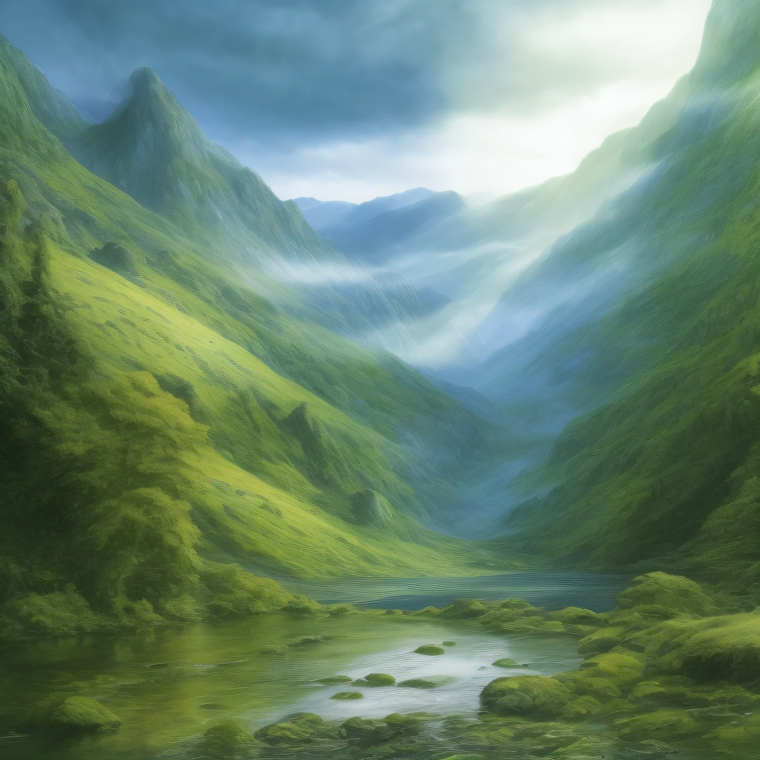 war,fantasy,Forest,stream,rain,Bright,intense sun rays,Luminance,mountains,eagles,an expansive view of wild,illustration,Alan Lee