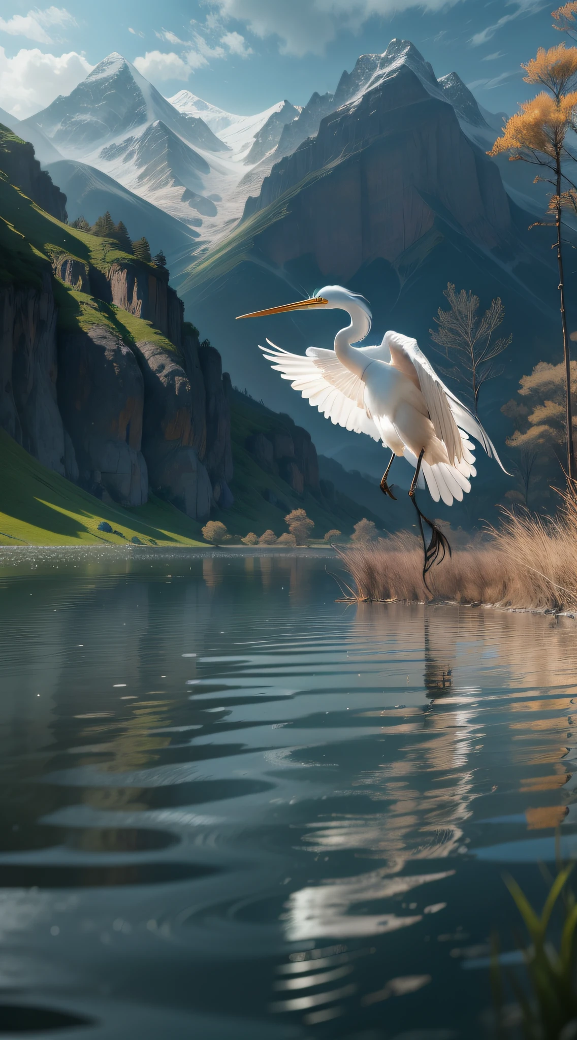 ultra-wide-angle,A small egret flies through the waters with a mountain backdrop with a fish in its mouth,bird flying out of water, Reed grass in the water,The background is the mountain,Eau,high definition detail, wet watermarks,Hyper-detailing, cinematic ligh, ultra-realistic realism, softlighting, Deep field focus bokeh, Ray tracing and surrealism --v6