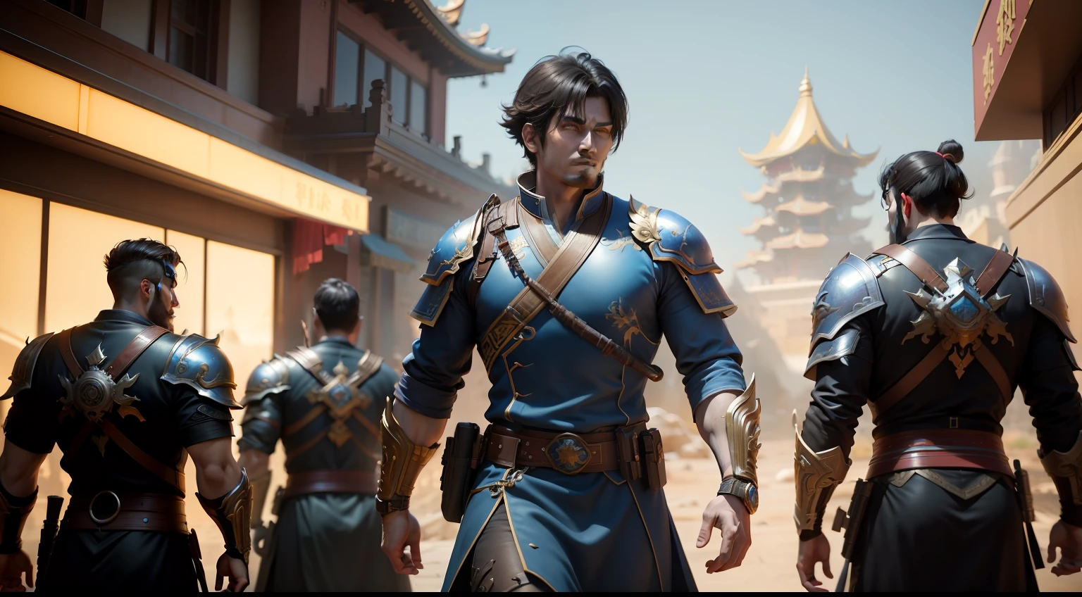 Pixar style, animation, movie lighting, 3D, Unreal 5 render, 8K, super realistic, super detailed, complex, Yang Jian, Heavenly Palace, Cyberpunk battle scene, Impact, handsome, perfect features, super realistic