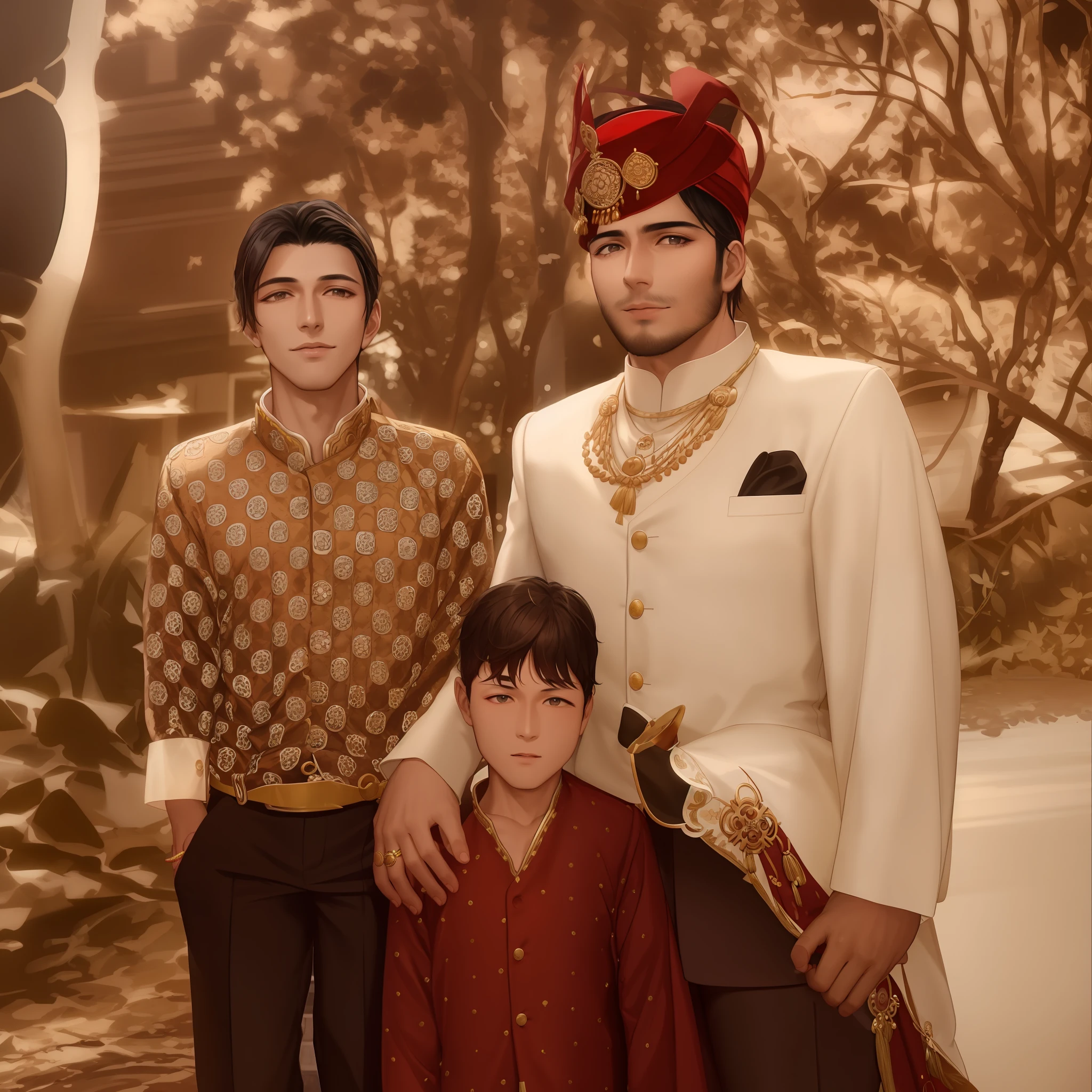 there are two men and a boy standing on a road, dressed in a jodhpuri suit, wearing traditional garb, husband wife and son, groom, with a kid, with village, a handsome, ornately dressed, photo taken in 2 0 2 0, very handsome, emir, wearing authentic attire, wearing a fancy dress, taken with sony alpha 9, posing