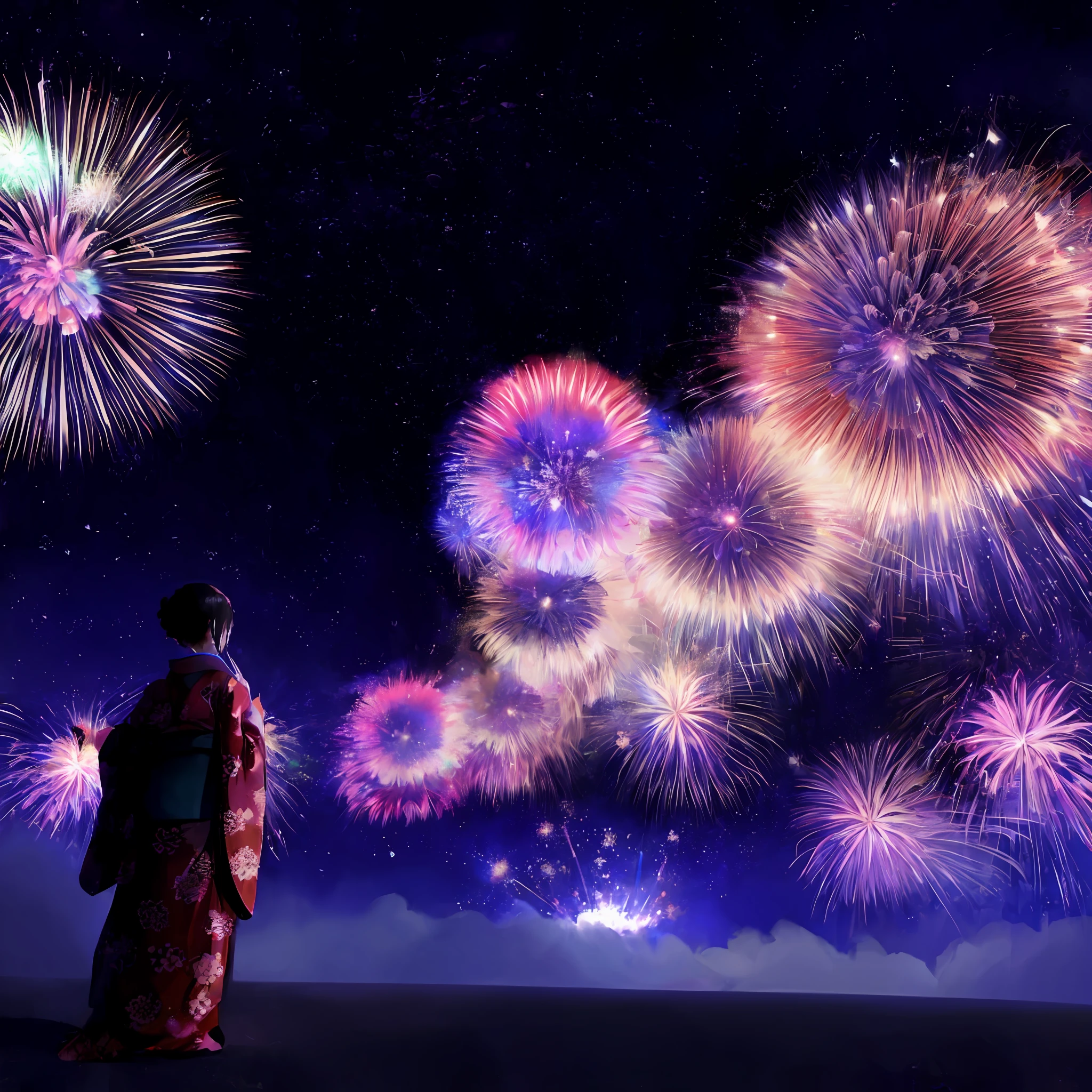 Woman in kimono staring at fireworks launched into the sky, [ Fireworks in the sky ]!!, Fireworks in the background, Fireworks, sparklers, 🚀🚀🚀, fireworks in background, Happy!!!, Magic particles in the air, celebrating, Future!!, !!Beautiful!!, inspired by Hanabusa Itchō, intricate sparkling atmosphere, beautiful wallpaper
